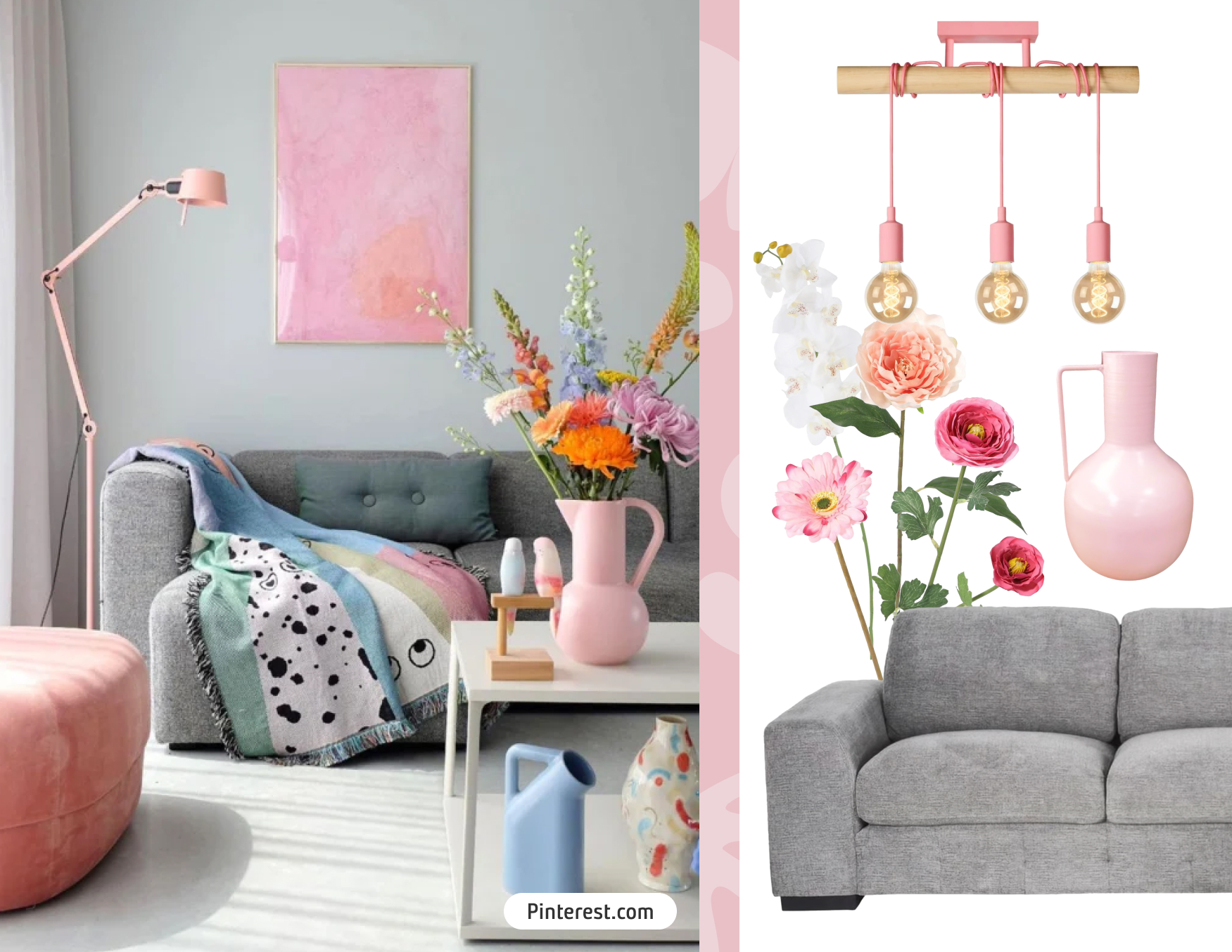 Living con estilo crush pastel, junto a Moodboard Sodimac con productos para lograr un look crush pastel. Incluye sofá gris, flores, jarrón y lámpara de techo.