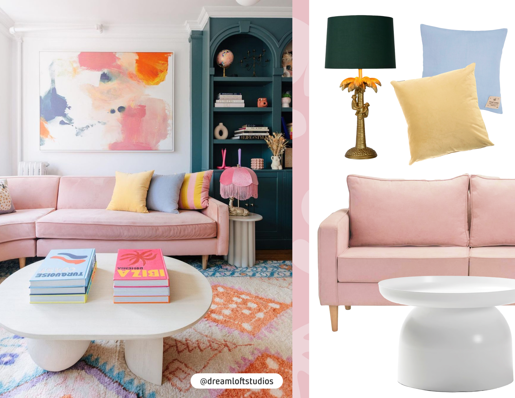 Living estilo crush pastel con textiles de colores. Junto a él, un moodboard Sodimac con sillón rosado, cojines lisos, lámpara de mesa y mesa de apoyo.