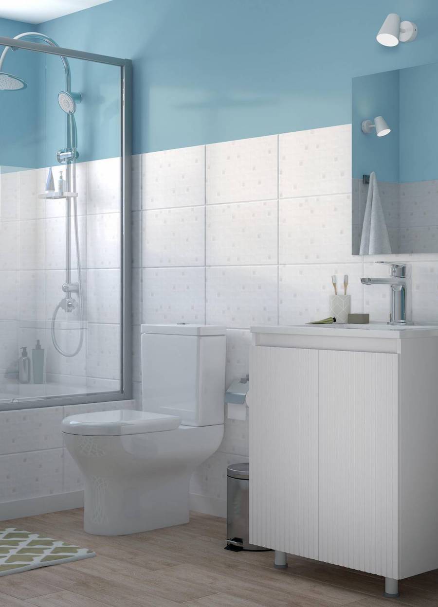 Baño de pared celeste en la parte superior y cerámica blanca con detalles azulados en la parte inferior. Hay un espejo sin marco, un mueble vanitorio blanco, un WC blanco y una ducha con grifería de acero inoxidable.