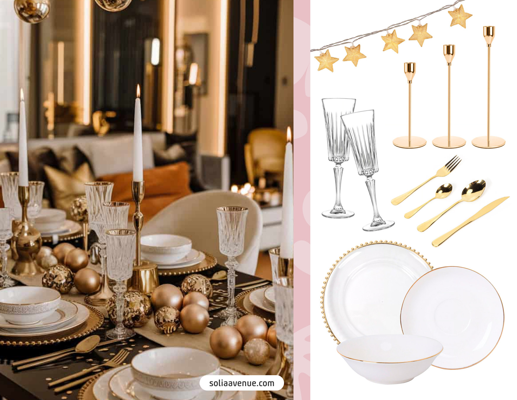 Mesa para celebración de año nuevo en tonos dorado. Moodboard Sodimac con productos como vajilla blanca, copas, guirnalda de luces, porta velas y cubiertos.