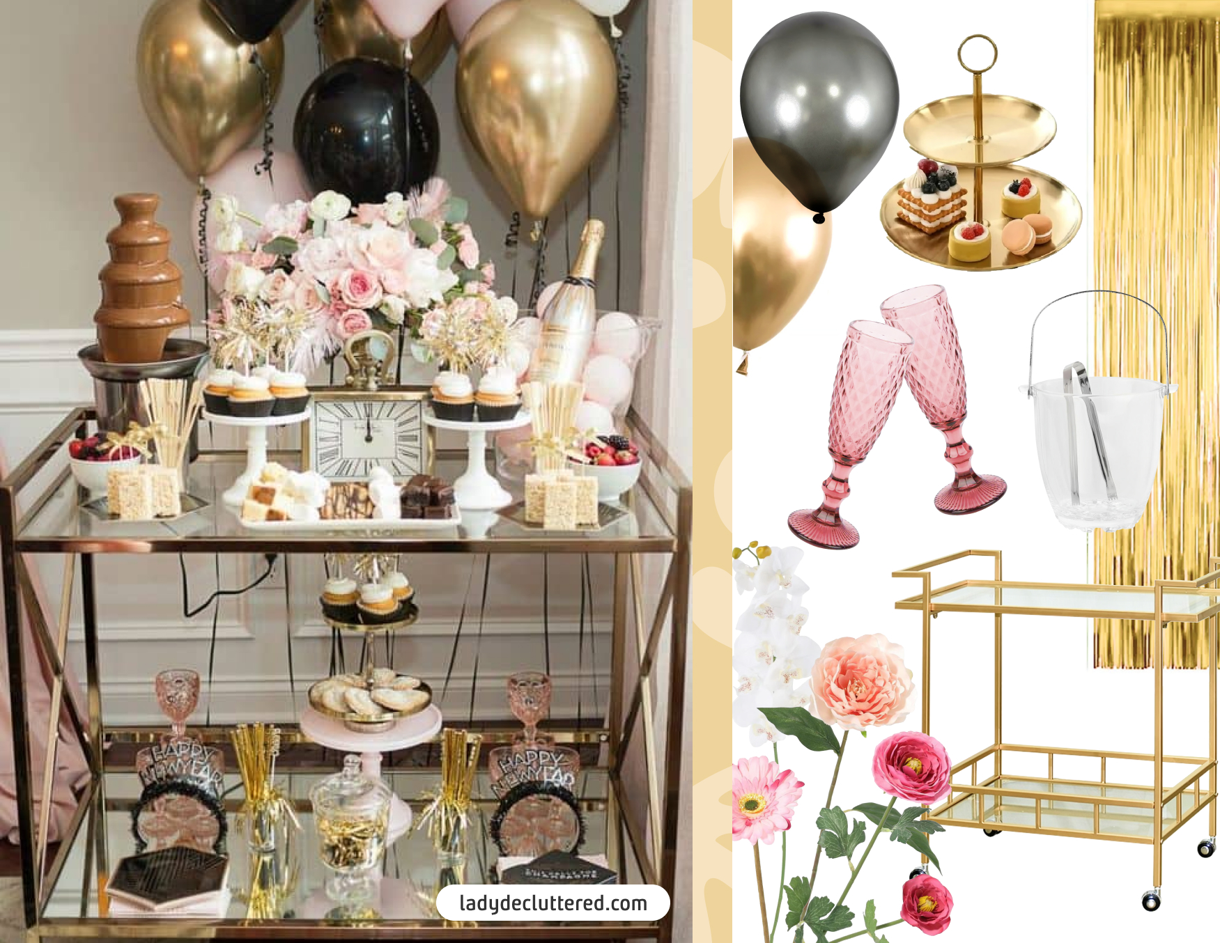 Bar para una celebración. Moodboard Sodimac con productos como carro bar dorado, copas rosadas, flores, porta cupcakes, hielera y globos