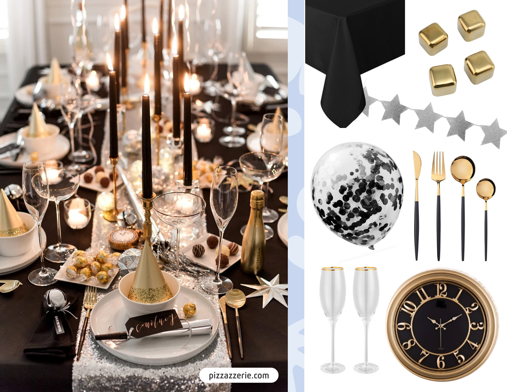 Mesa de celebración glam en tonos negro y dorado. Moodboard con productos para una mesa glam con copas, reloj, mantel negro y decoraciones.