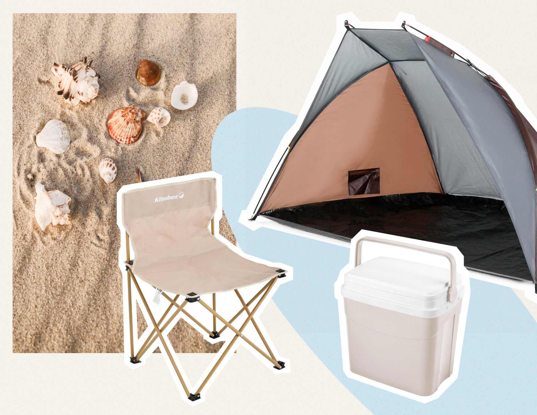 Moodboard Sodimac para ir a la playa con productos que incluyen carpa de playa, silla plegable y cooler beige