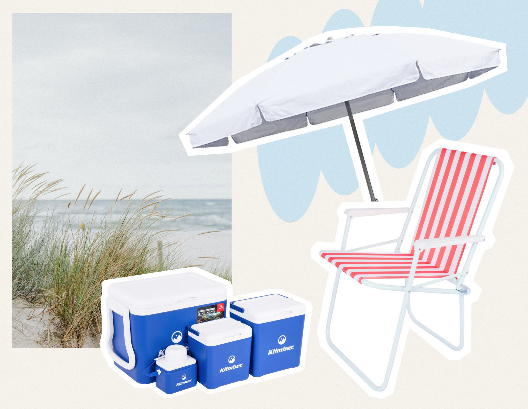 Moodboard Sodimac con productos para ir a la playa. Incluye un ser de coolers azules, una silla plegable y quitasol blanco. 