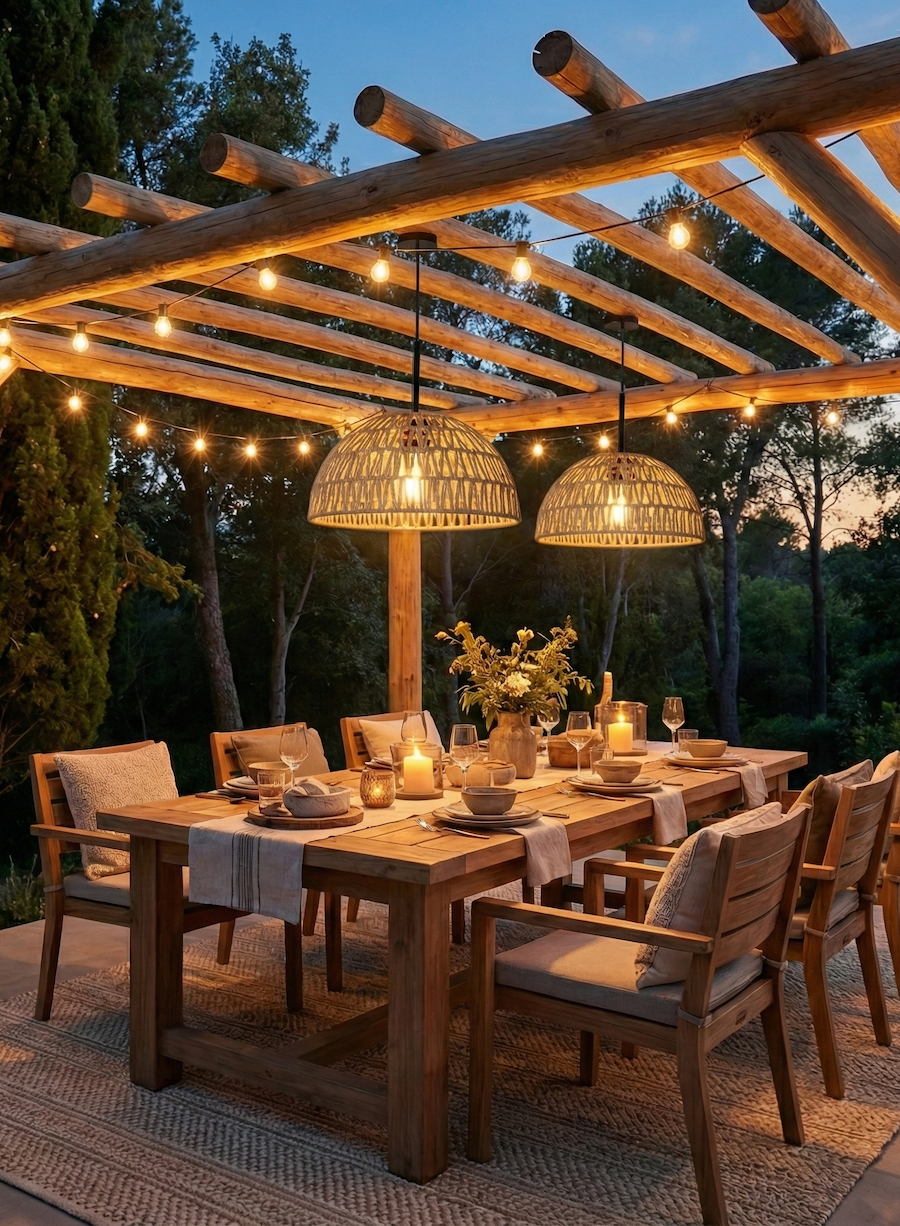 Gran terraza con luces decorativas de mimbre semi redondas. Son 2 pantallas colgadas sobre una gran mesa de madera. Hay una pérgola de madera desde donde además cuelgan guirnaldas de luces.