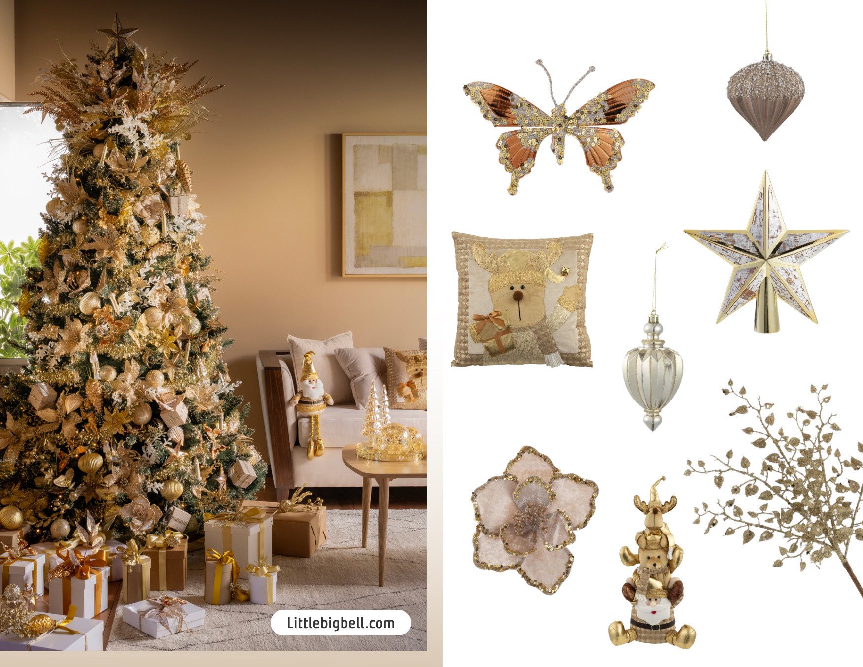 Árbol de Navidad decorado en tonos dorados y beige con adornos brillantes, mariposas, regalos envueltos en dorado y cojines temáticos.