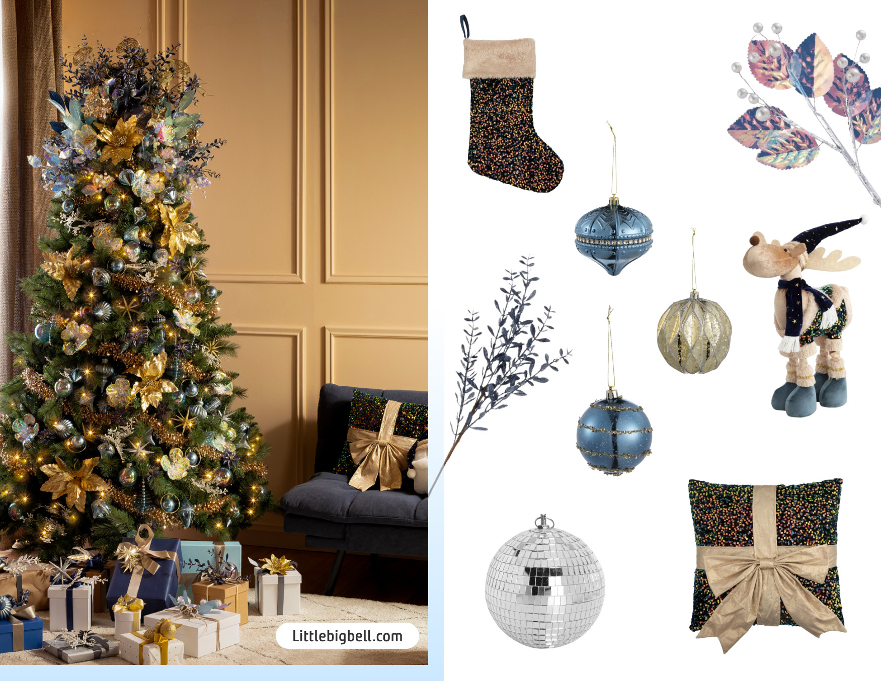 Árbol de Navidad decorado con adornos azules, dorados y negros, cojines brillantes y envoltorios sobrios.