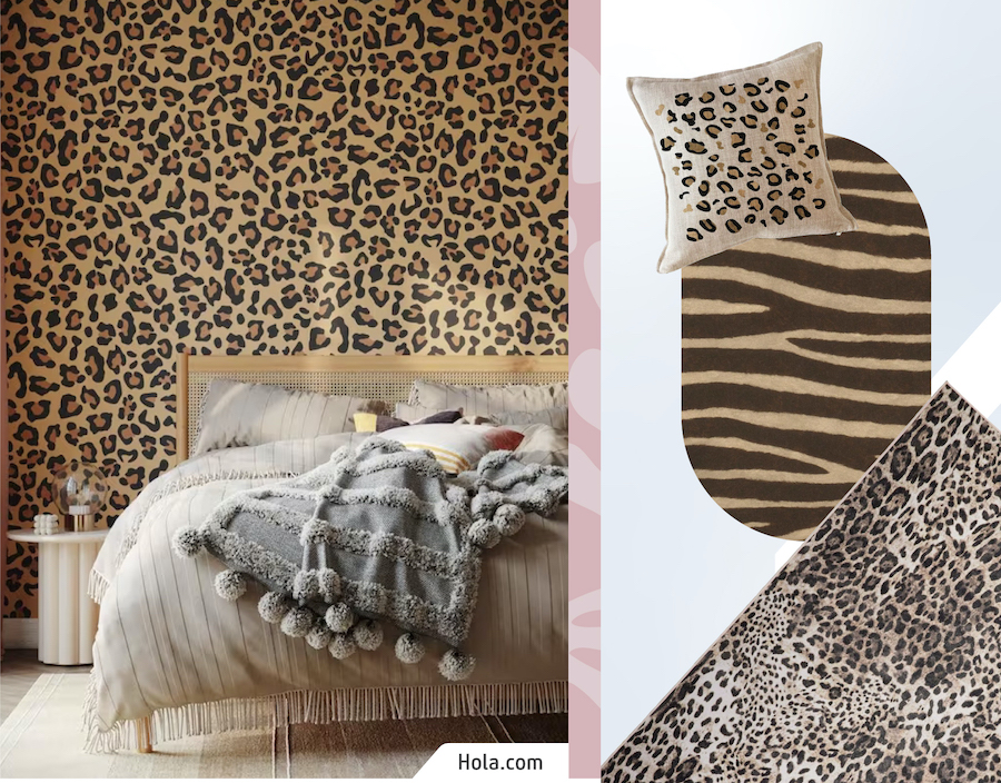 Foto de un dormitorio con pape mural de leopardo, una cama con textiles beige y manta gris. Al lado, moodboard Sodimac con textiles animal print, como alfombra y cojines.