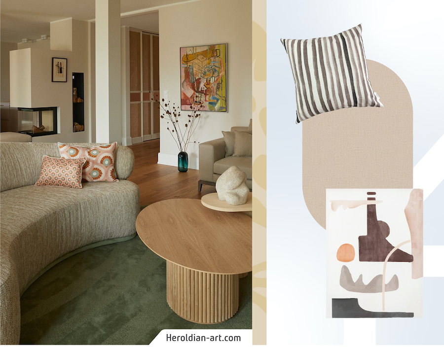 Foto de un living con colores tierra y estilo orgánico, con sofá curvo color verde y mesa de centro de madera redonda. A su lado Moodboard Sodimac con pintura beige, cuadro abstracto y cojín con lineas