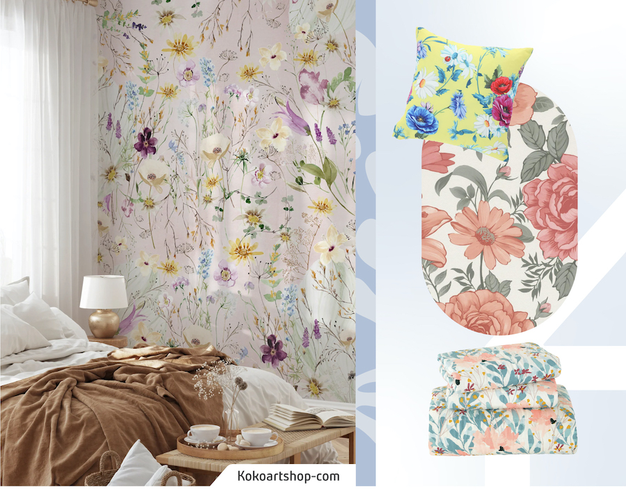 Foto de un dormitorio con papel mural floral y cama con textiles blanco y café. A su lado moodboard Sodimac con papel mural floral, cojín con flores y sábanas con estampado de flores.