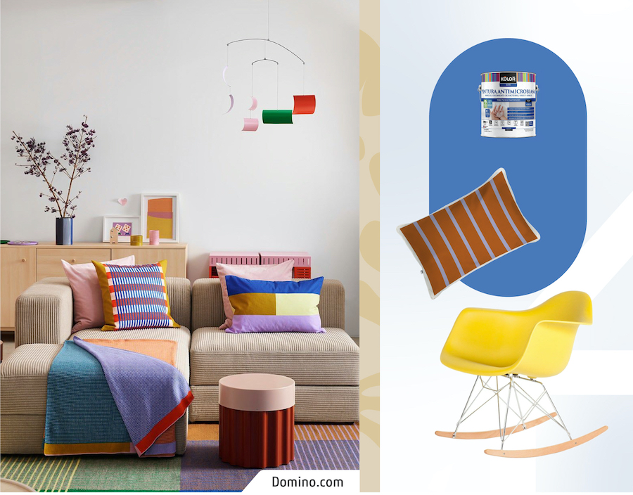 Living moderno con acentos de colores primarios. A su lado un moodboard Sodimac con pintura azul, cojín con líneas y una mecedora estilo eames color amarillo.