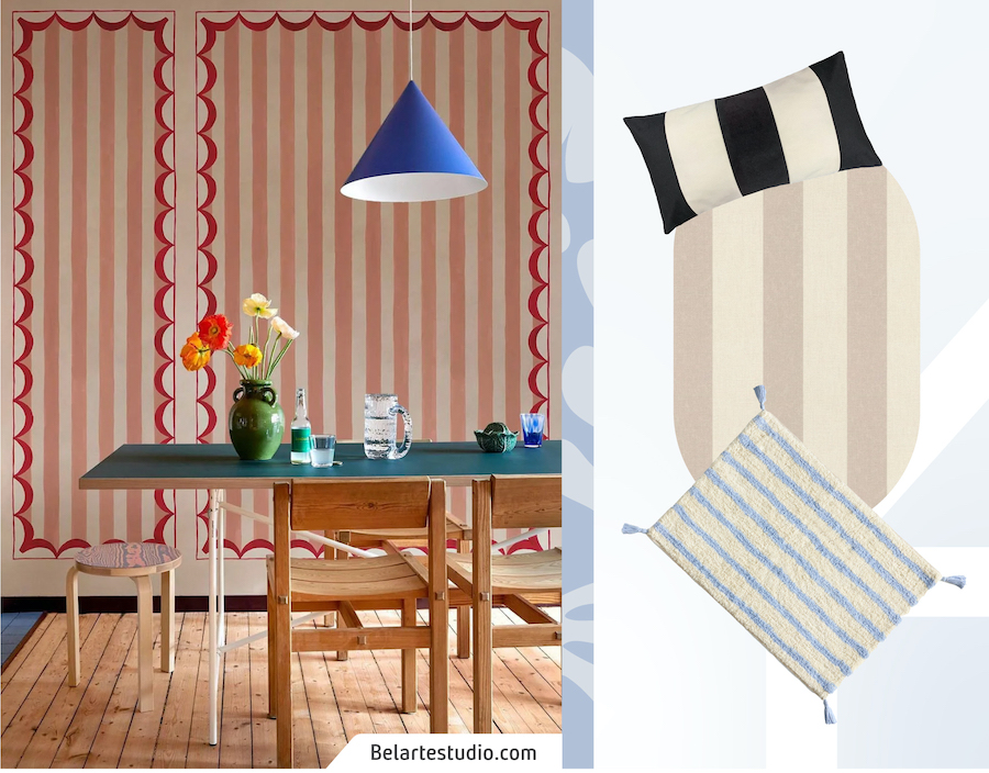 Comedor con papel mural con líneas verticales, mesa verde y sillas de madera. A su lado moodboard Sodimac con papel mural con líneas, cojín con estampado de líneas blanco y negro y alfombra blanca con líneas celestes.