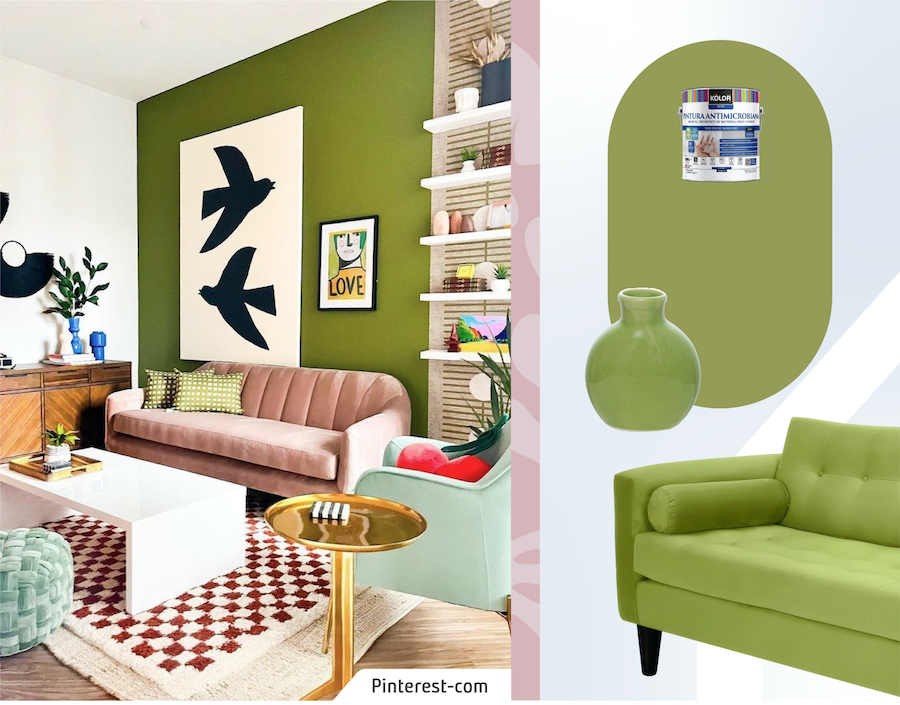 Living moderno con pared de acento color verde lima y sofá rosa. A su lado moodboard Sodimac con pintura verde lima, sofá verde y jarrón verde lima.