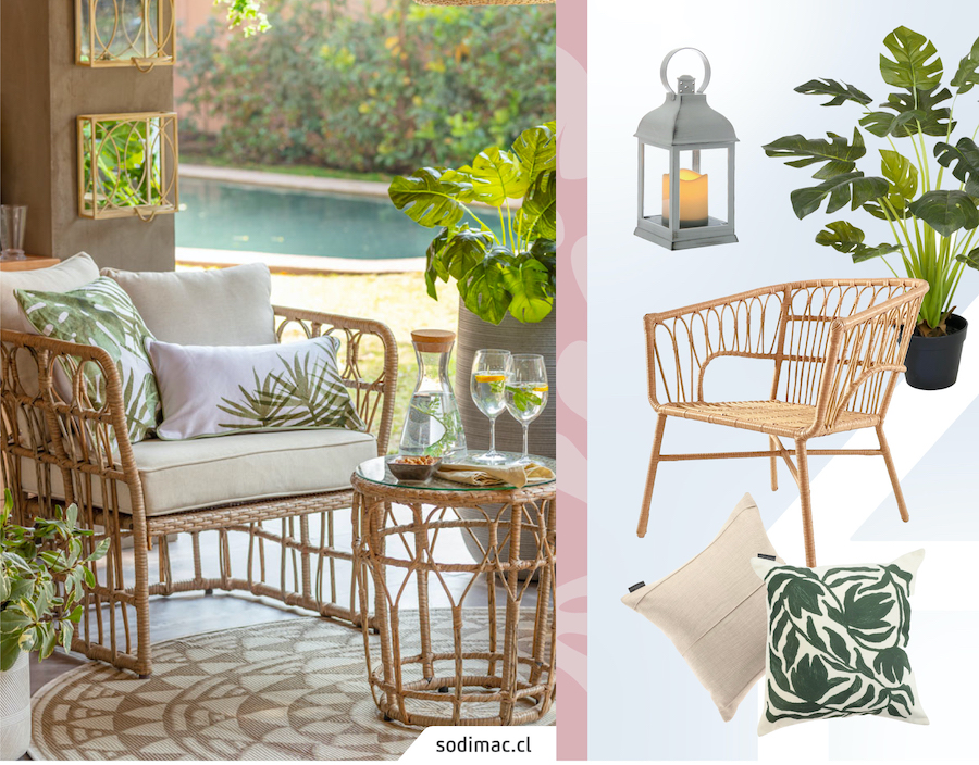 Imagen de una terraza de estilo boho con muchas plantas. Junto a ella un moodboard Sodimac con muebles de bambú, un fanal, plantas y cojines de hojas. 