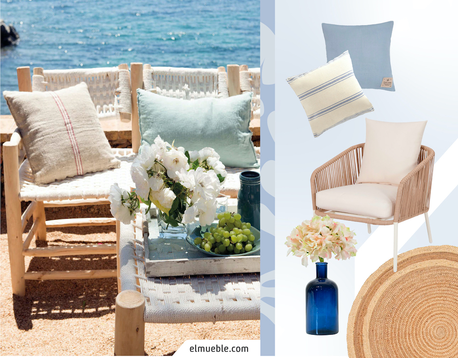 Imagen de una terraza playera de estilo mediterráneo. Junto a ella un moodboard Sodimac con muebles con cojines blancos, alfombra redonda, botella azul con plantas y cojines en tonos beige y celeste