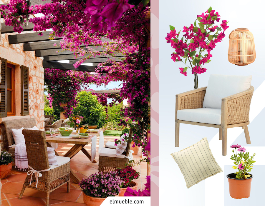 Imagen de una cómoda terraza de estilo campestre, bajo u parrón con bugambilias. Junto a ella un moodboard Sodimac con un sitial de madera, plantas y cojines