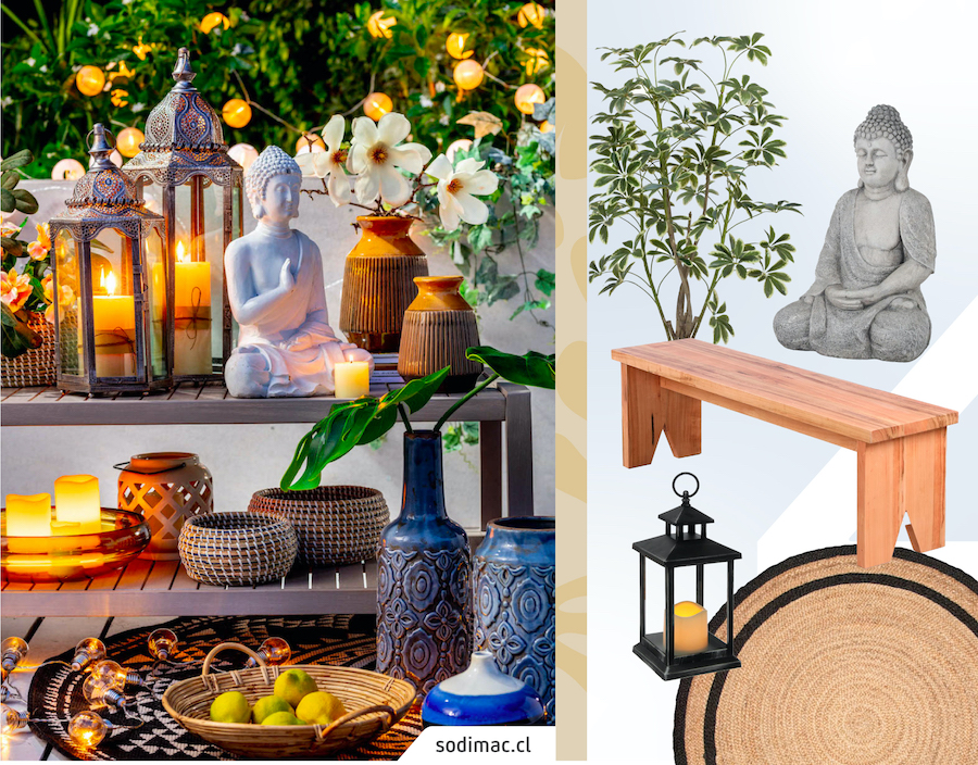 Imagen de un rincón de un terraza zen. Junto a ella un moodboard Sodimac con una banqueta de madera, una alfombra redonda de yute, imagen de un buda, fanal y plantas 