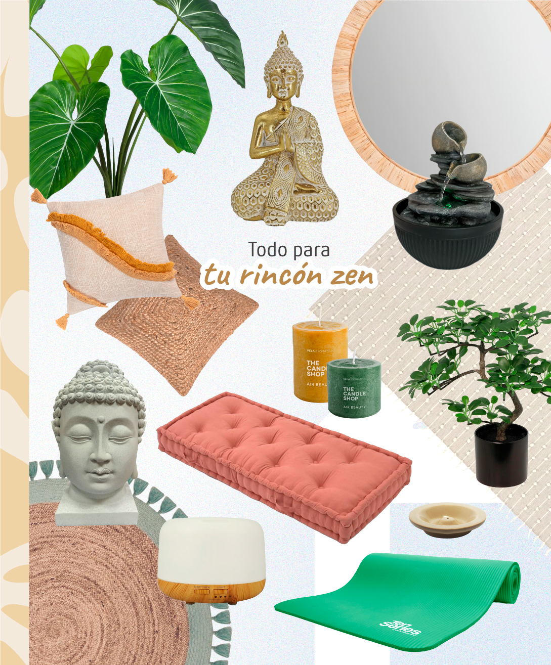 Moodboard Sodimac con productos para crear un rincón zen. Incluye imágenes de buda, fuentes de agua, cojines, plantas, velas y decoraciones.