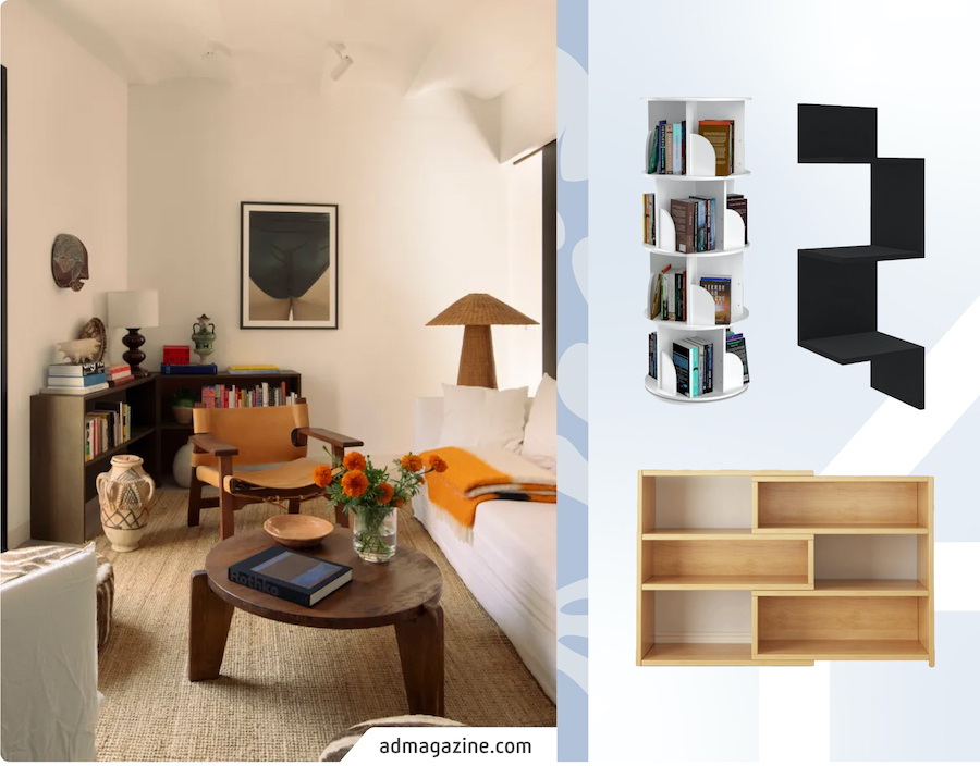 Imagen de un living con un estante esquinero con libros. A su lado hay un moodboard Sodimac con productos para guardar y ordenar libros, como muebles que se pueden poner en las esquinas