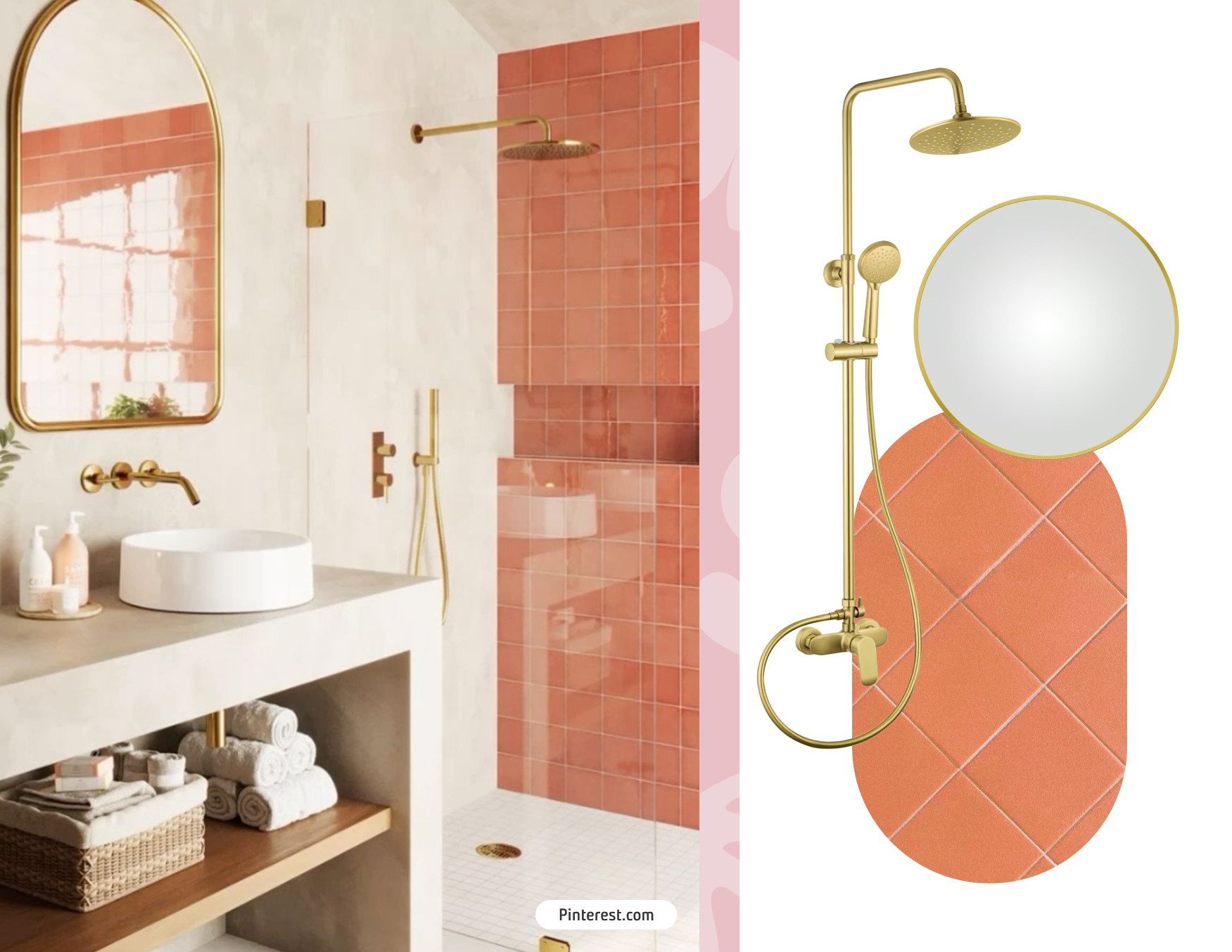 Baño iluminado con pared de acento con azulejos color terracota. Moodboard Sodimac con espejo redondo, azulejos terracota y ducha dorada.