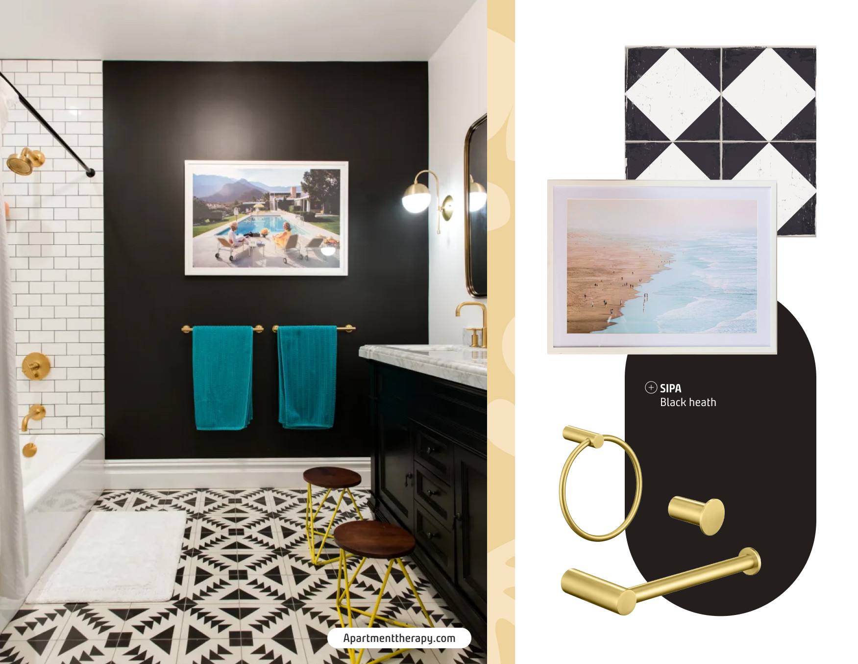 Baño clásico con pared de acento color negro. Moodboard Sodimac con pintura negra, azulejos blanco y negro, accesorios dorados y cuadro de una playa.