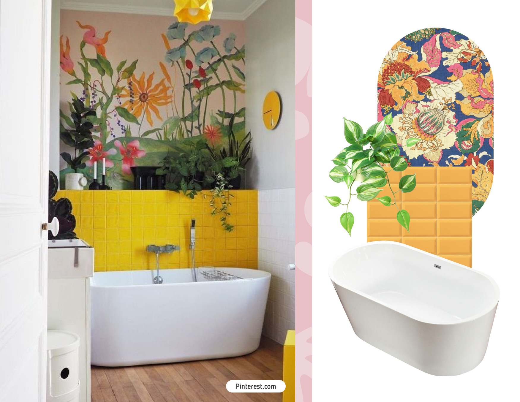 Baño kitsch con plantas y mitad de muro color amarillo. Moodboard Sodimac con azulejos subway amarillo, tina, papel mural con flores y planta artificial