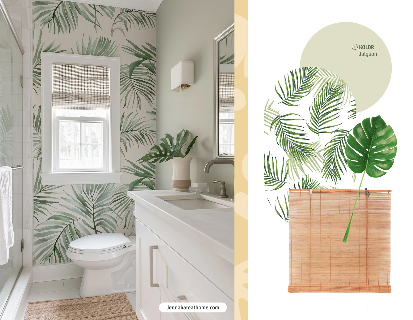 Baño boho con pared de acento con papel mural tropical. Moodboard Sodimac con cortinas de bambú, papel mural con hojas de estilo tropical, pintura verde olivo claro y hoja artificial.