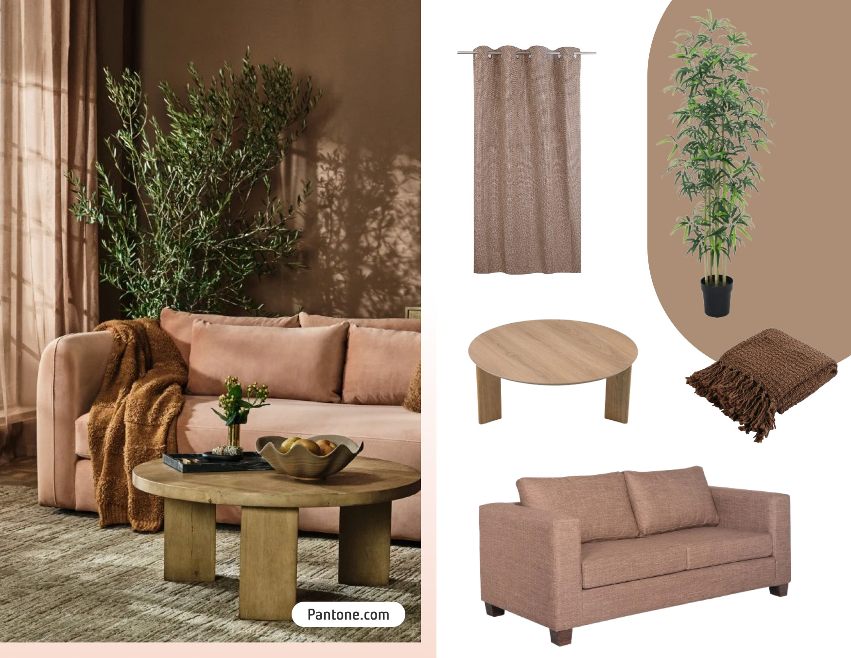 Moodboard de inspiración con una foto de un living con paredes y un sofá de color mocha mousse. También hay una mesa de centro redonda de madera y una gran planta de interior. Al costado están los productos y colores 2025 para lograr ese look.