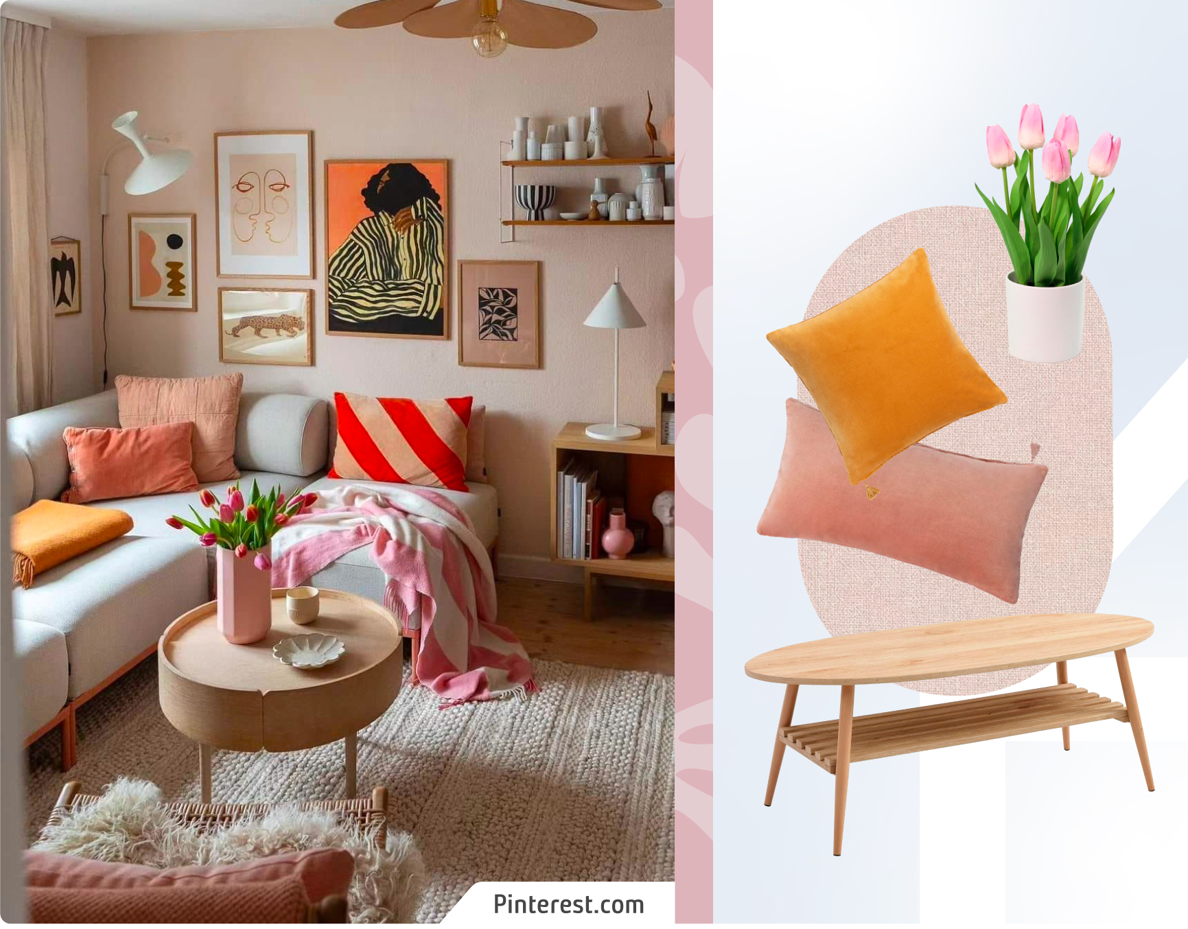 Living con sofá en L y texiles en tonos rosa y naranja. Mesa de centro redonda y muro galería con cuadros de diferentes estilos. Moodboard Sodimac con productos en colores cálidos como cojines, banquetas y flores.