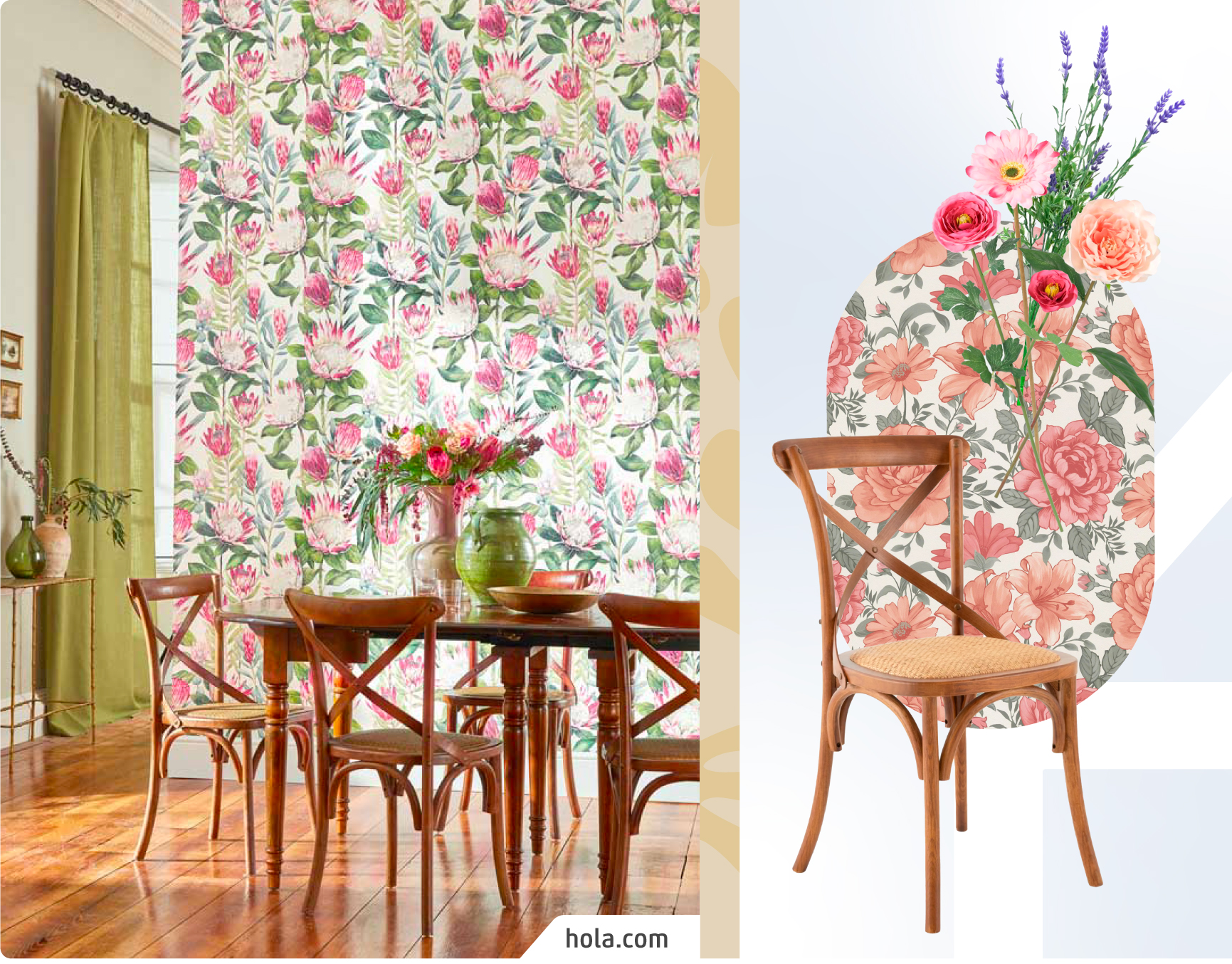 Comedor con papel mural floral. Piso de madera y juego de comedor de madera. Moodboard Sodimac con papel mural floreado, silla de madera y fibras naturales y ramo de flores.