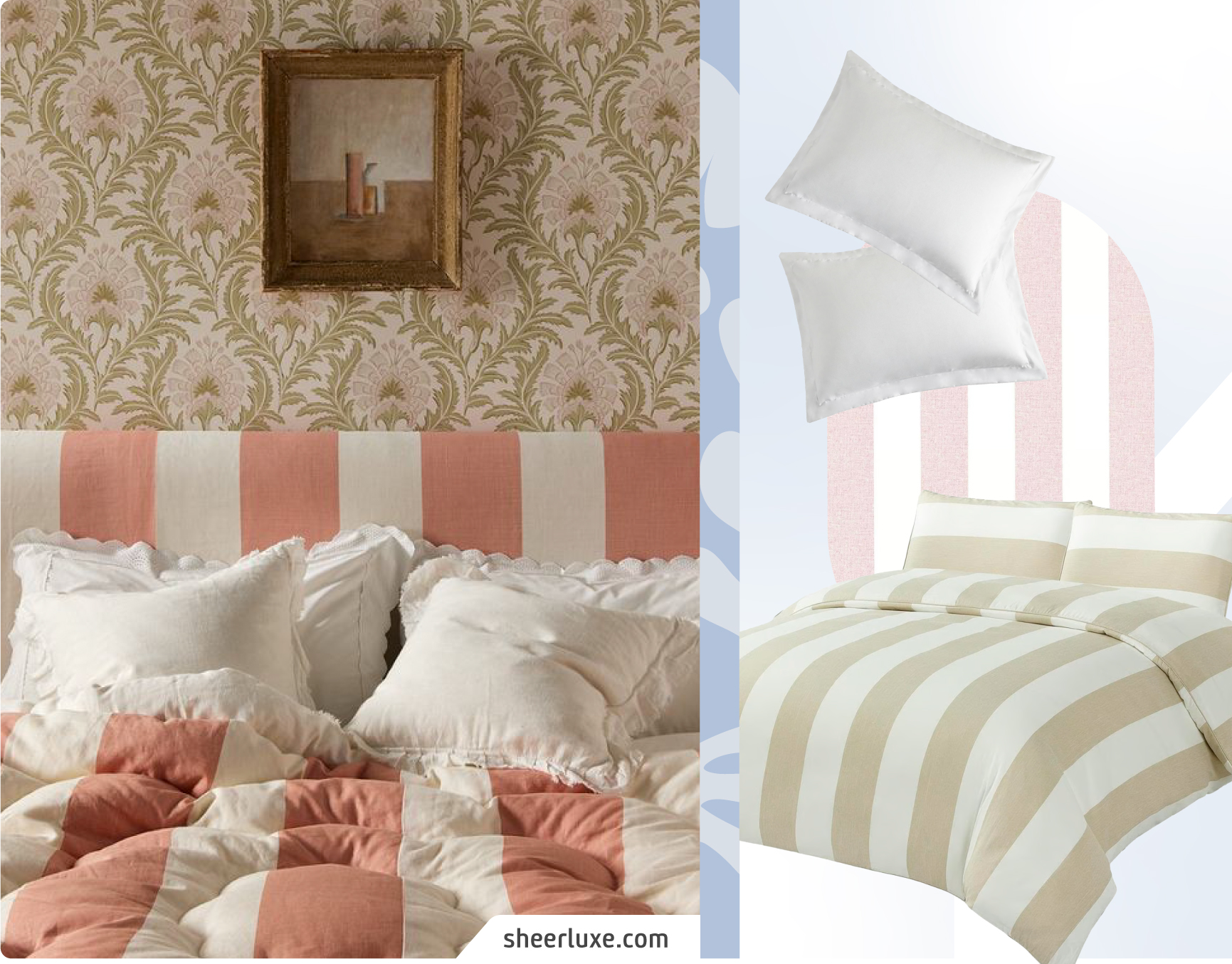 Cama con cabecero y cubrecama con estampado de rayas color blanco y rosa. Moodboard Sodimac con plumón rayado beige y blanco, papel mural rayado rosa claro y blanco y almohadas.