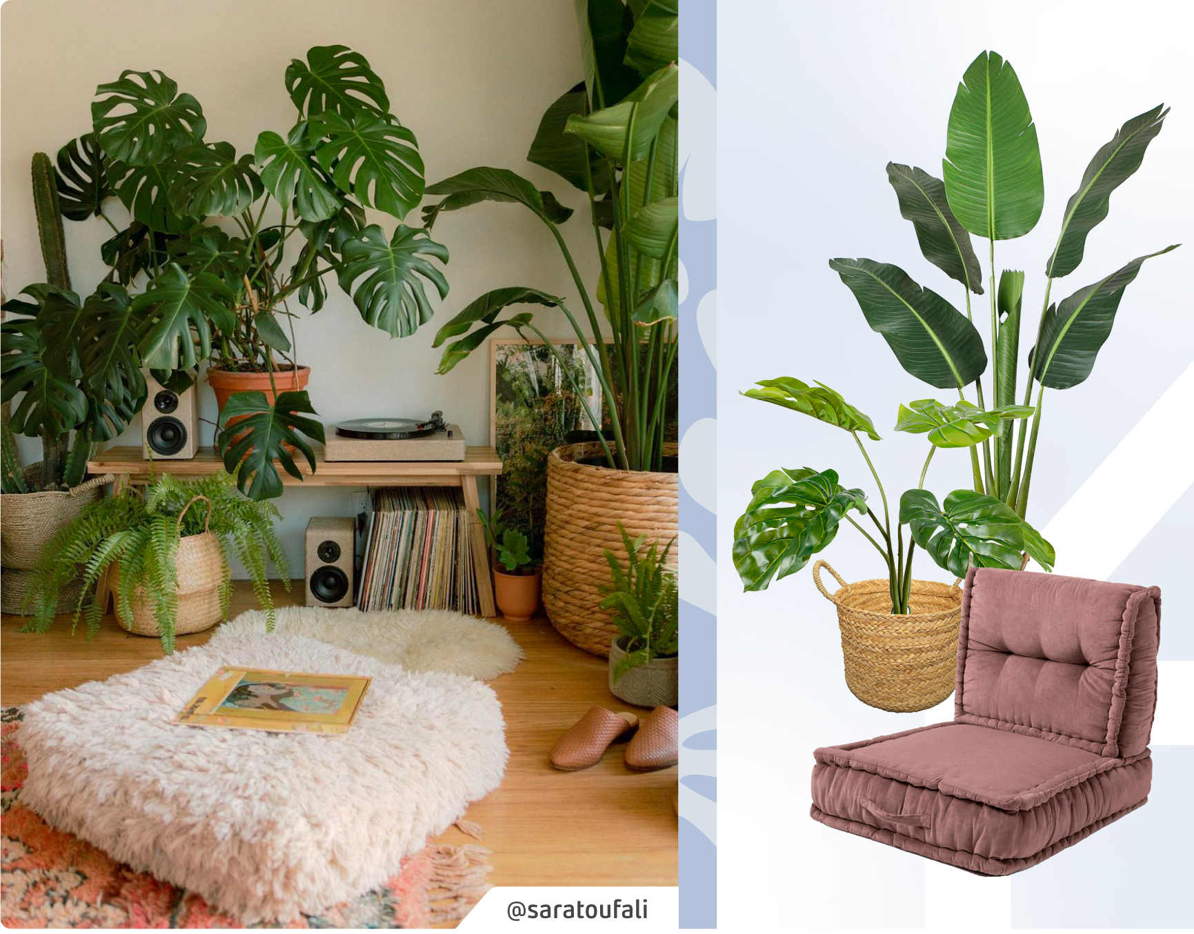 Rincón con muchas plantas en macetas de arcilla y canastos. Banqueta de madera y cojín de suelo peludo. Moodboard Sodimac con cojín de suelo morado oscuro, plantas y canastos