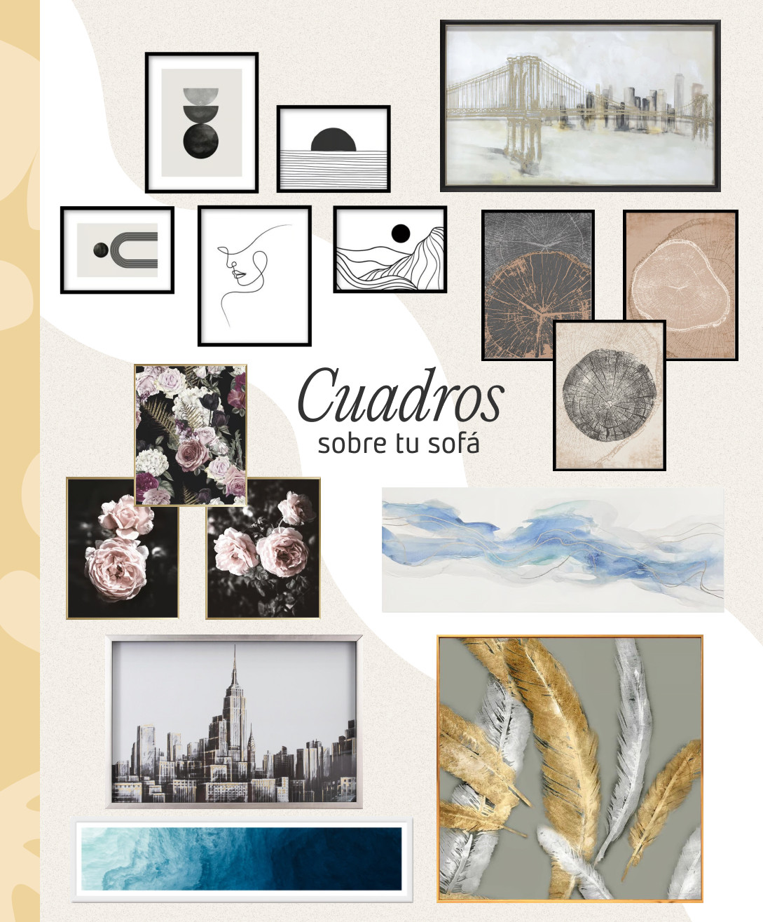 Moodboard Sodimac con selección de cuadros para poner sobre el sofá