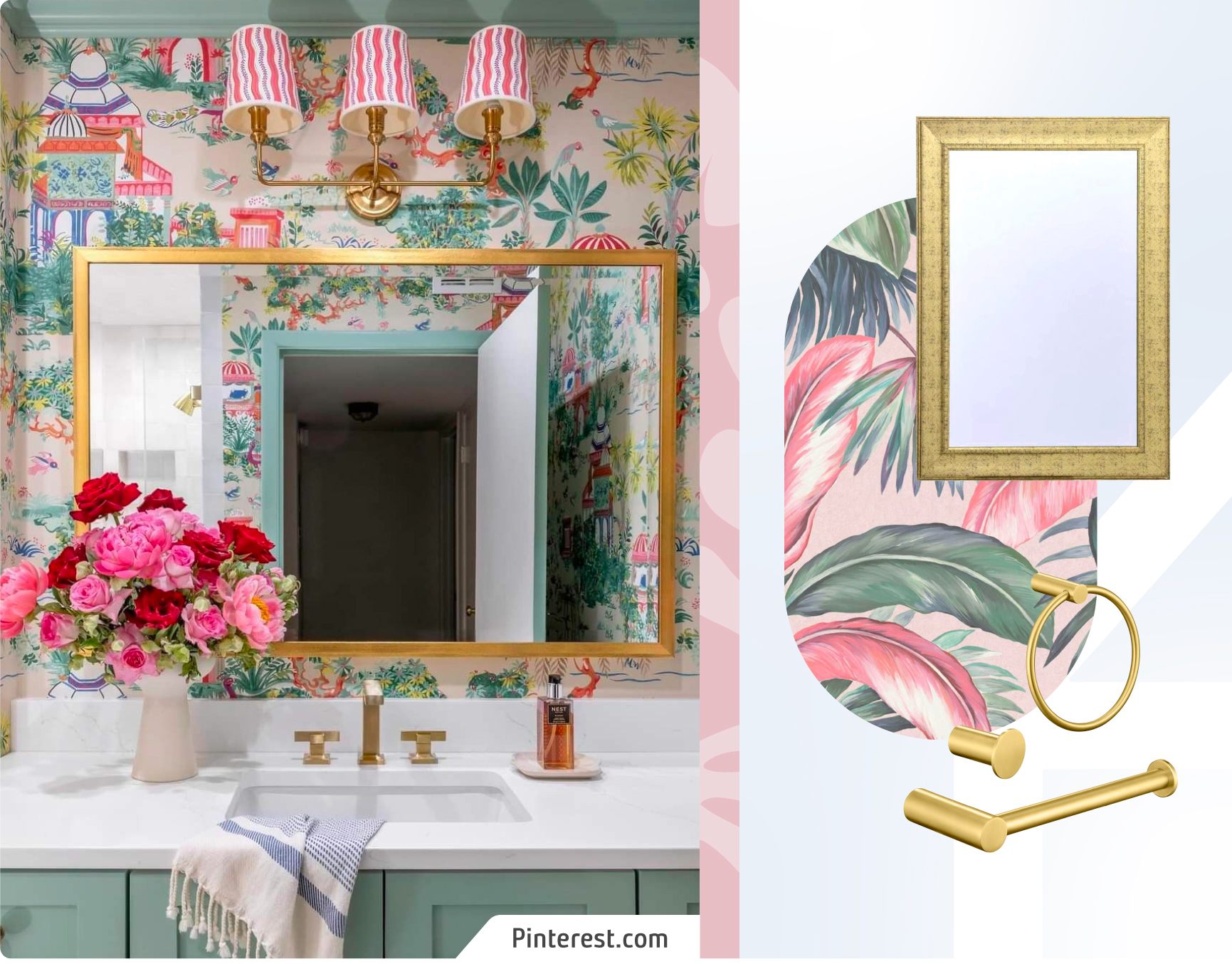 Foto de un baño estilo vintage con papel mural con flores y gran espejo con marco dorado. Lámpara de pared con tres luces y mueble verde con base blanca. Moodboard Sodimac con espejo dorado, papel mural tropical y accesorios dorados