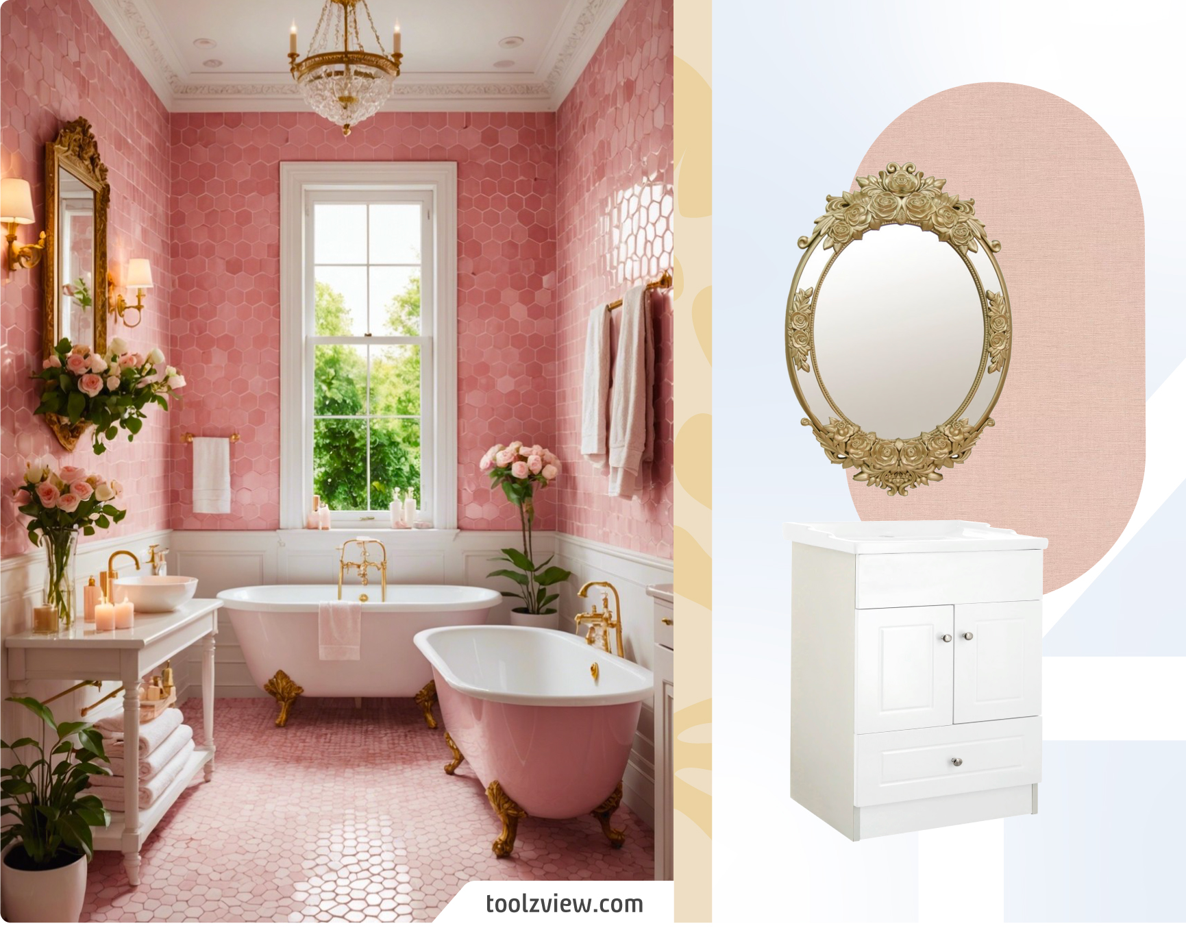 Baño estilo coquette, color rosado con dos tinas y lámpara de techo de cristal. Moodboard Sodimac con vanitorio blanco, espejo ovalado con marco dorado y pintura rosada