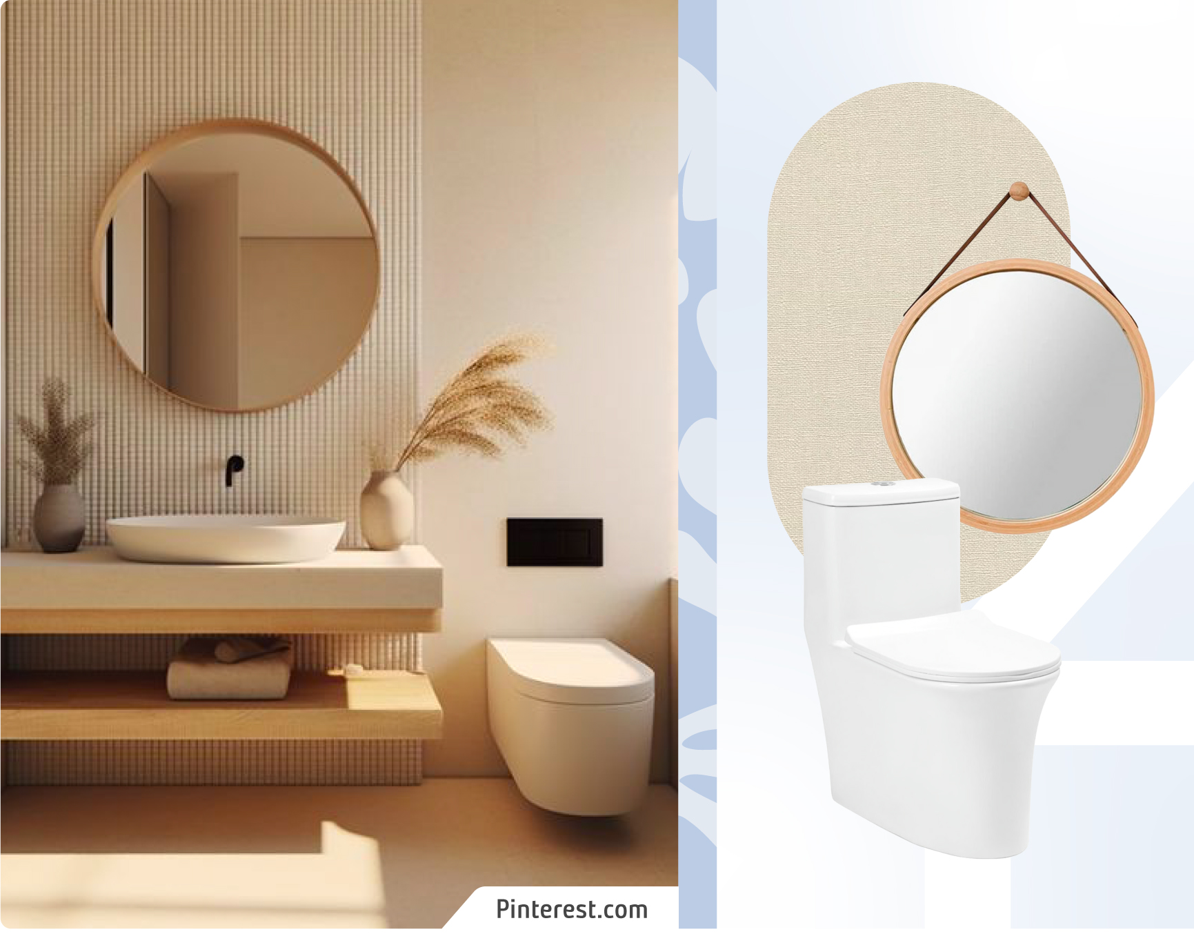 Baño estilo Japandi con cerámicas color beige, vanitorio flotante y gran espejo redondo. Moodboard Sodimac con WC flotante, pintura beige y espejo redondo