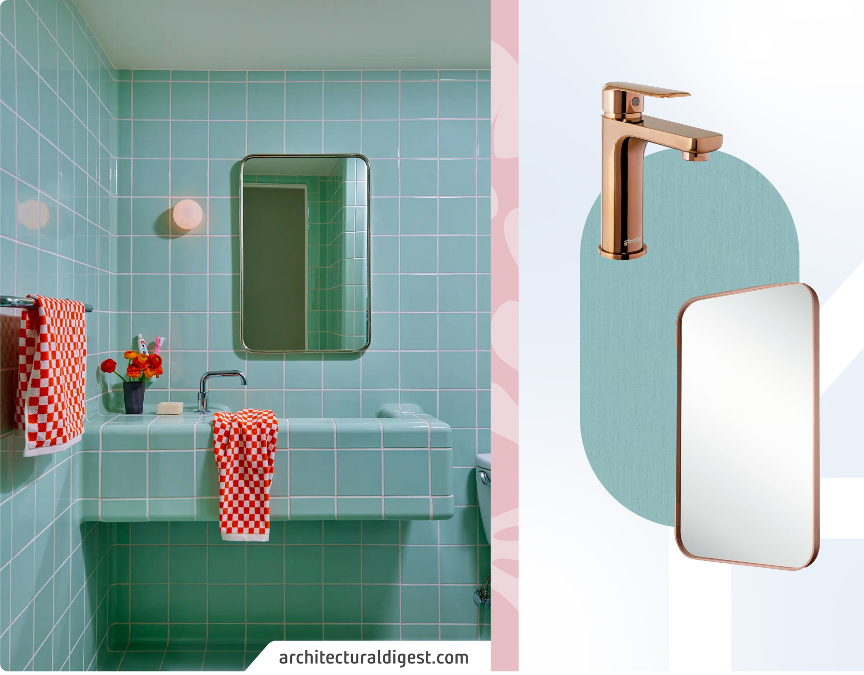 Baño estilo retro, con cerámicas color celeste. Espejo cuadrado y plafón redondo en el muro. Moodboard Sodimac con color de pintura celeste, espejo con marco dorado y grifería dorada.