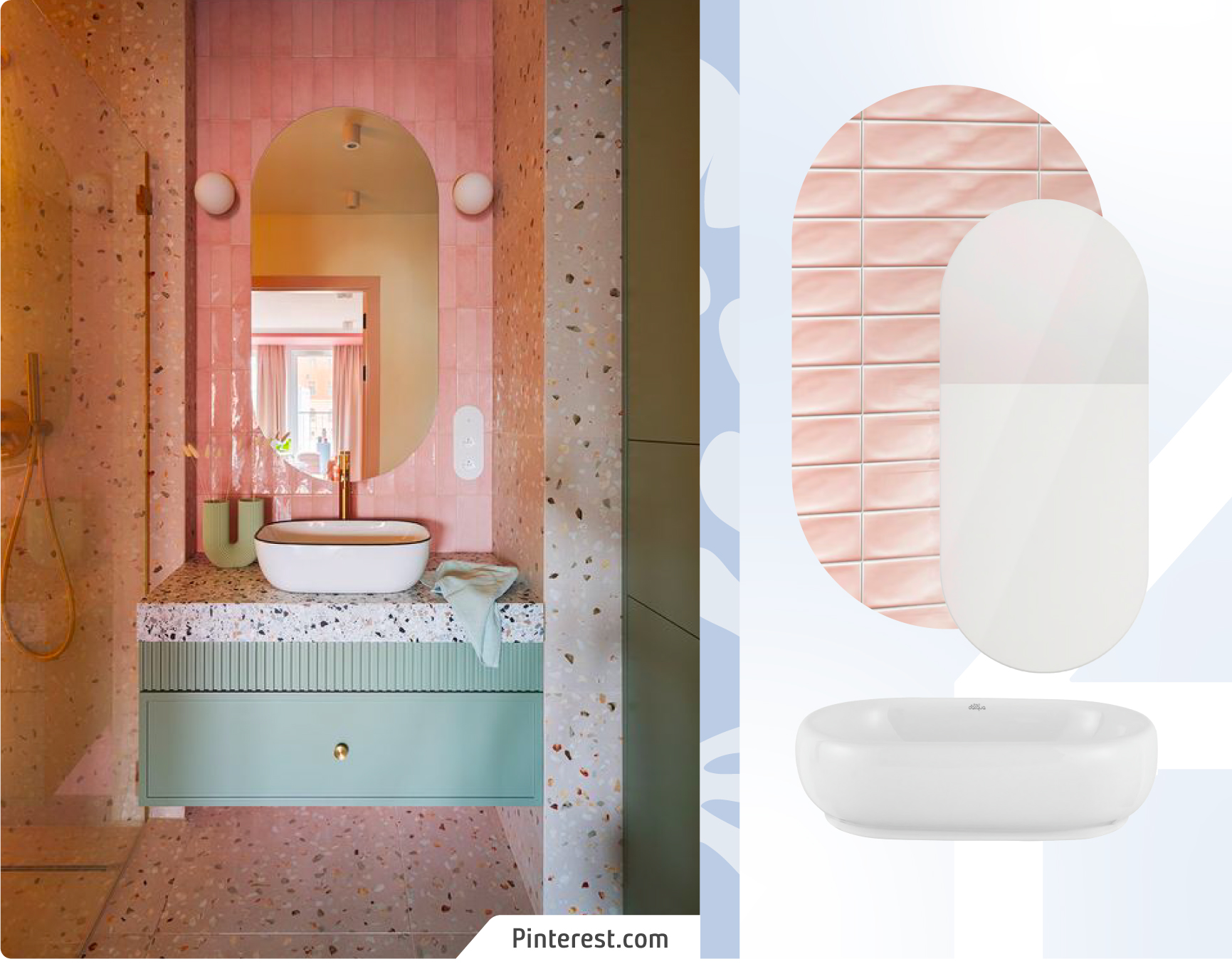 Baño estilo crush pastel con cerámicas rosadas, muro terrazo y vanitorio flotante celeste. espejo ovalado y focos de muro redondos. Moodboard Sodimac con cerámicas rosa, espejo ovalado y vanitorio curvo, blanco.