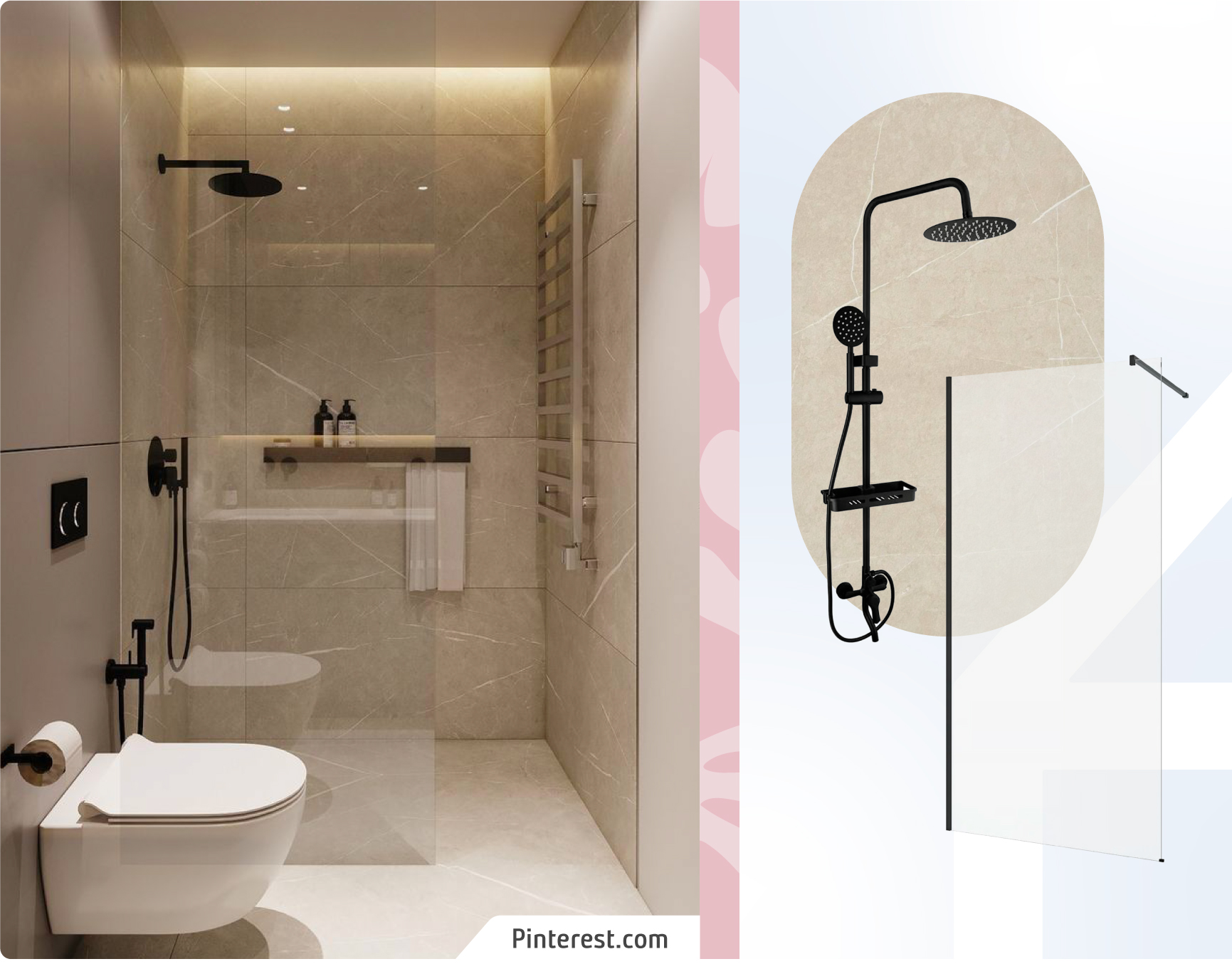 Baño estilo minimalista neutro, con cerámicos beige. WC flotante y ducha con mampara de vidrio, grifería negra y focos empotrados. Moodboard Sodimac con grifería de ducha negra y mampara de vidrio