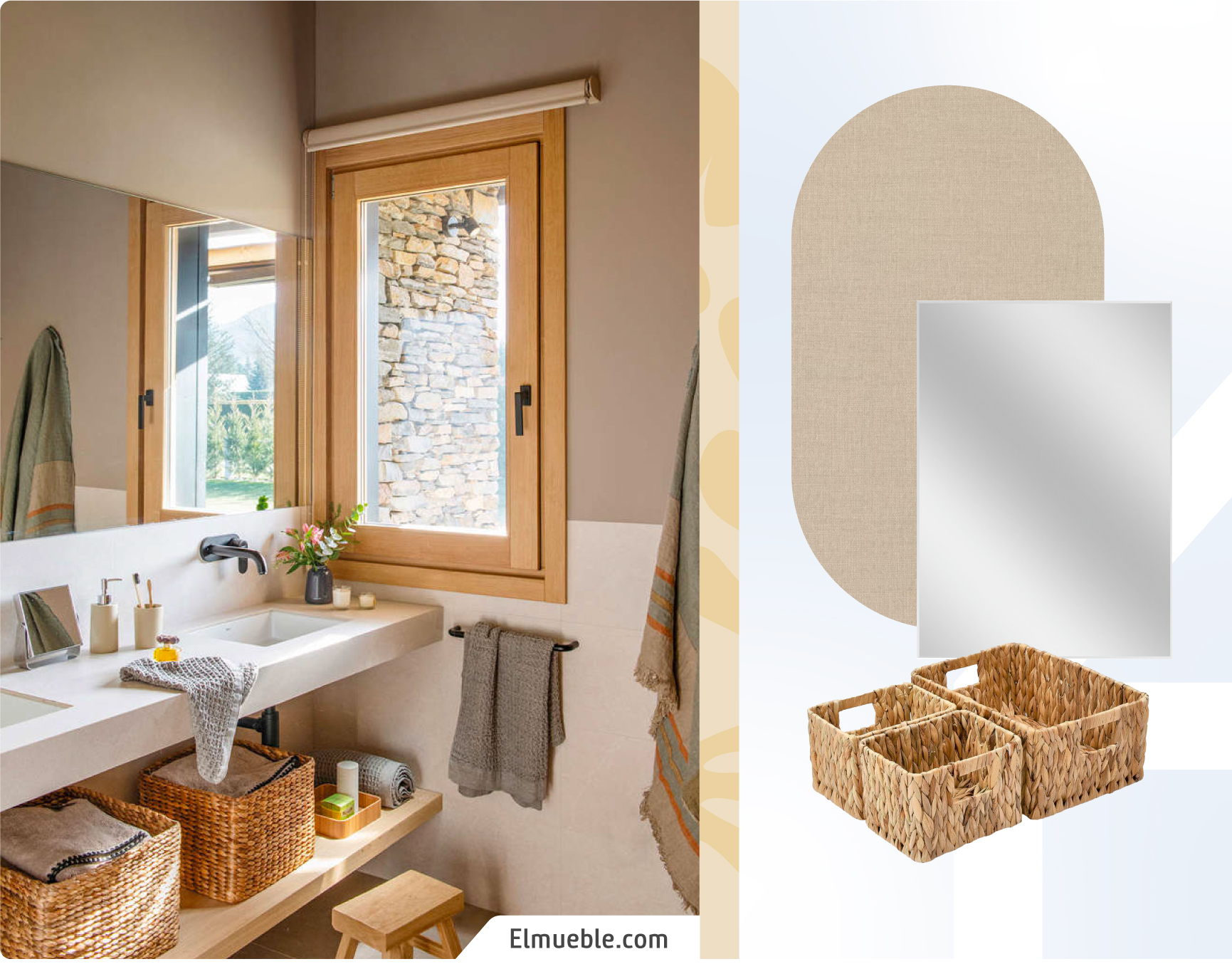 Baño estilo mediterráneo con muro color beige y café claro. Vanitorio flotante y repisas de madera. Espejo cuadrado y dos canastos organizadores de mimbre