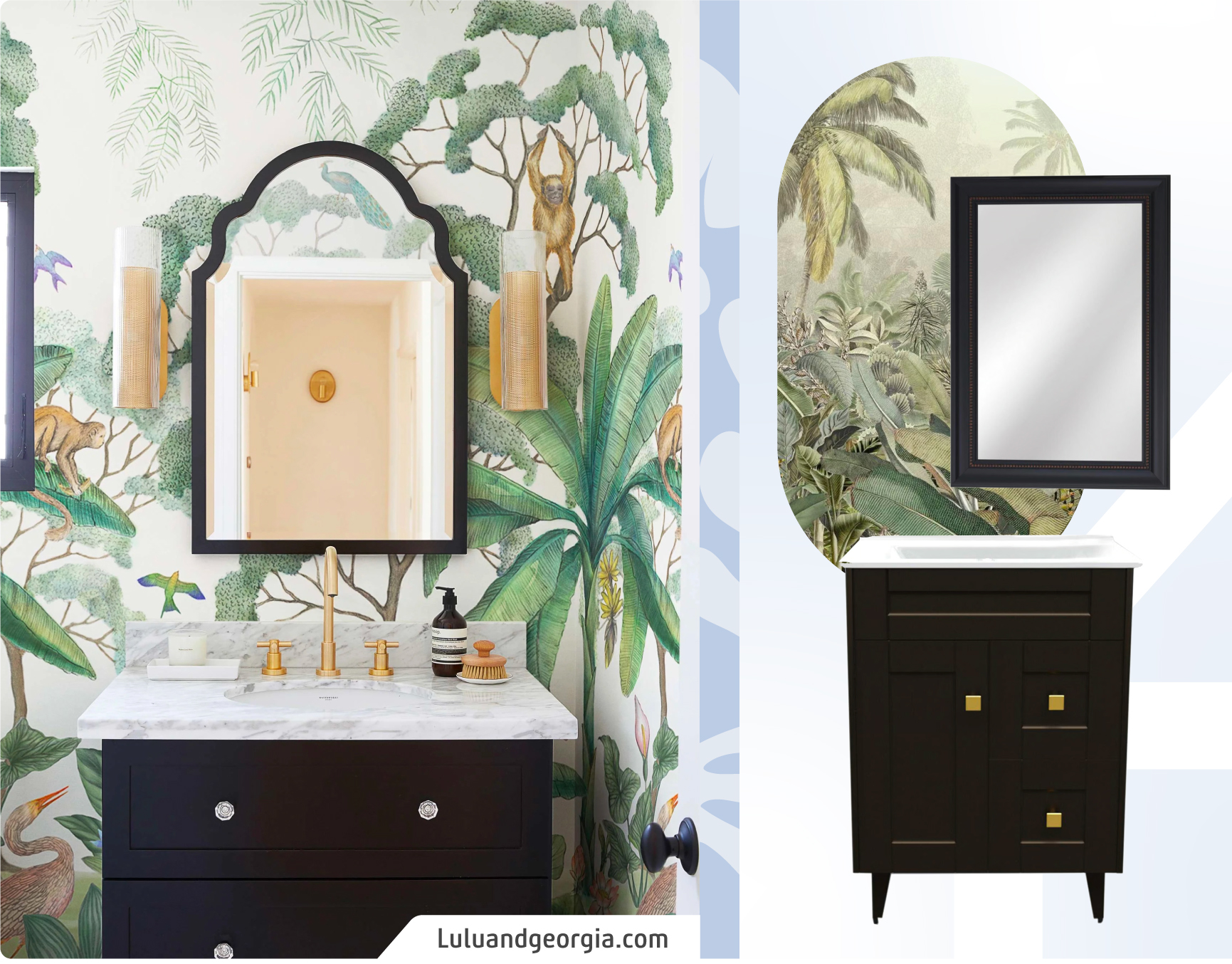 Baño estilo tropical luxe con papel mural de estampado tropical, mueble vanitorio negro con cajones y espejo con marco negro. Moodboard Sodimac con papel mural tropical, mueble vanitorio negro y espejo rectangular