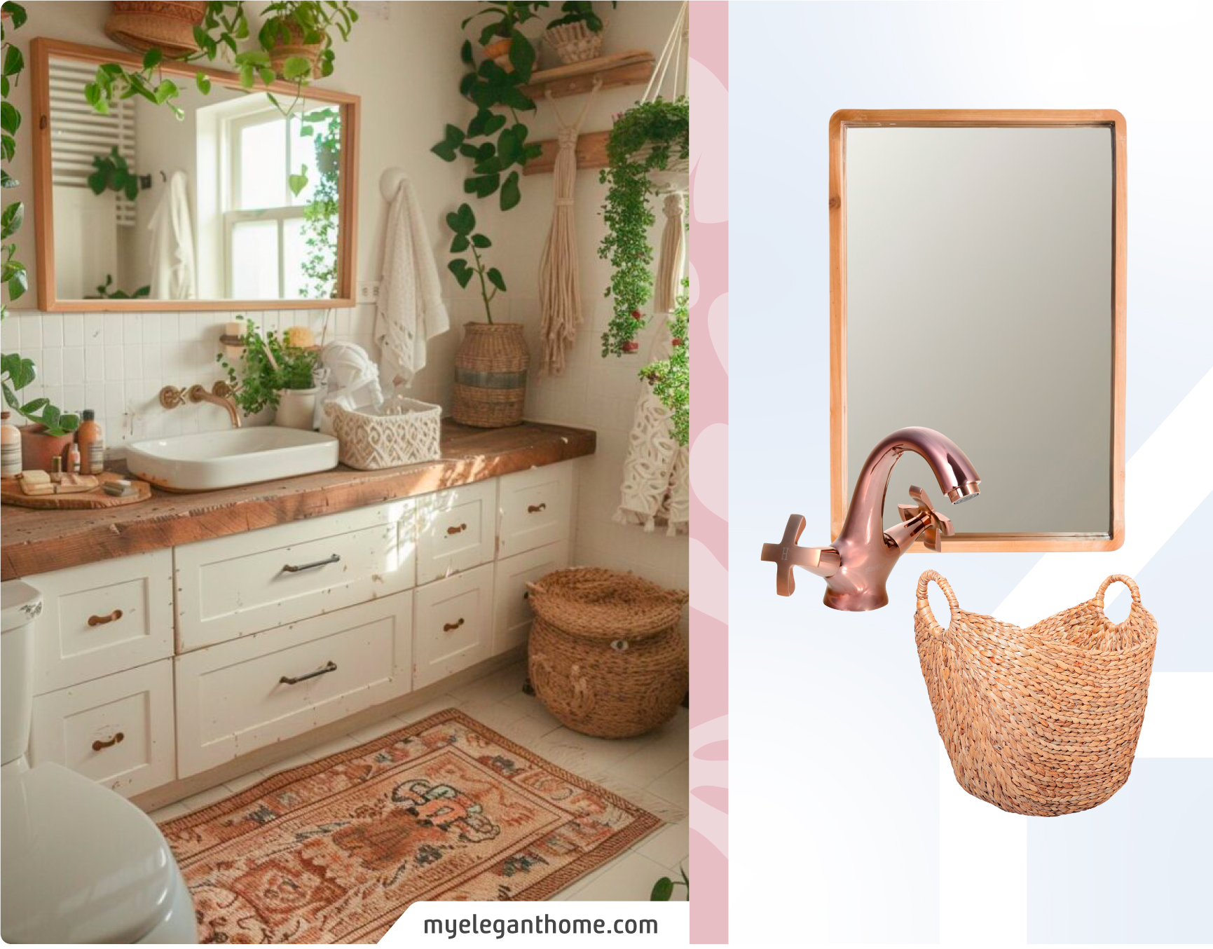 Baño estilo boho chic con gran mueble de madera blanco, plantas y alfombra estilo kilim. Moodboard Sodimac con grifería color obre, canasto de mimbre y espejo con marco cobrizo