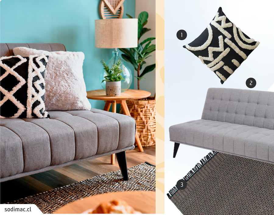 Moodboard de inspiración de una sala de estar aesthetic, con una alfombra con diseño en beige y negro, un futón gris y un cojín blanco y negro. Al costado hay imágenes de esos 3 productos disponibles en Sodimac.