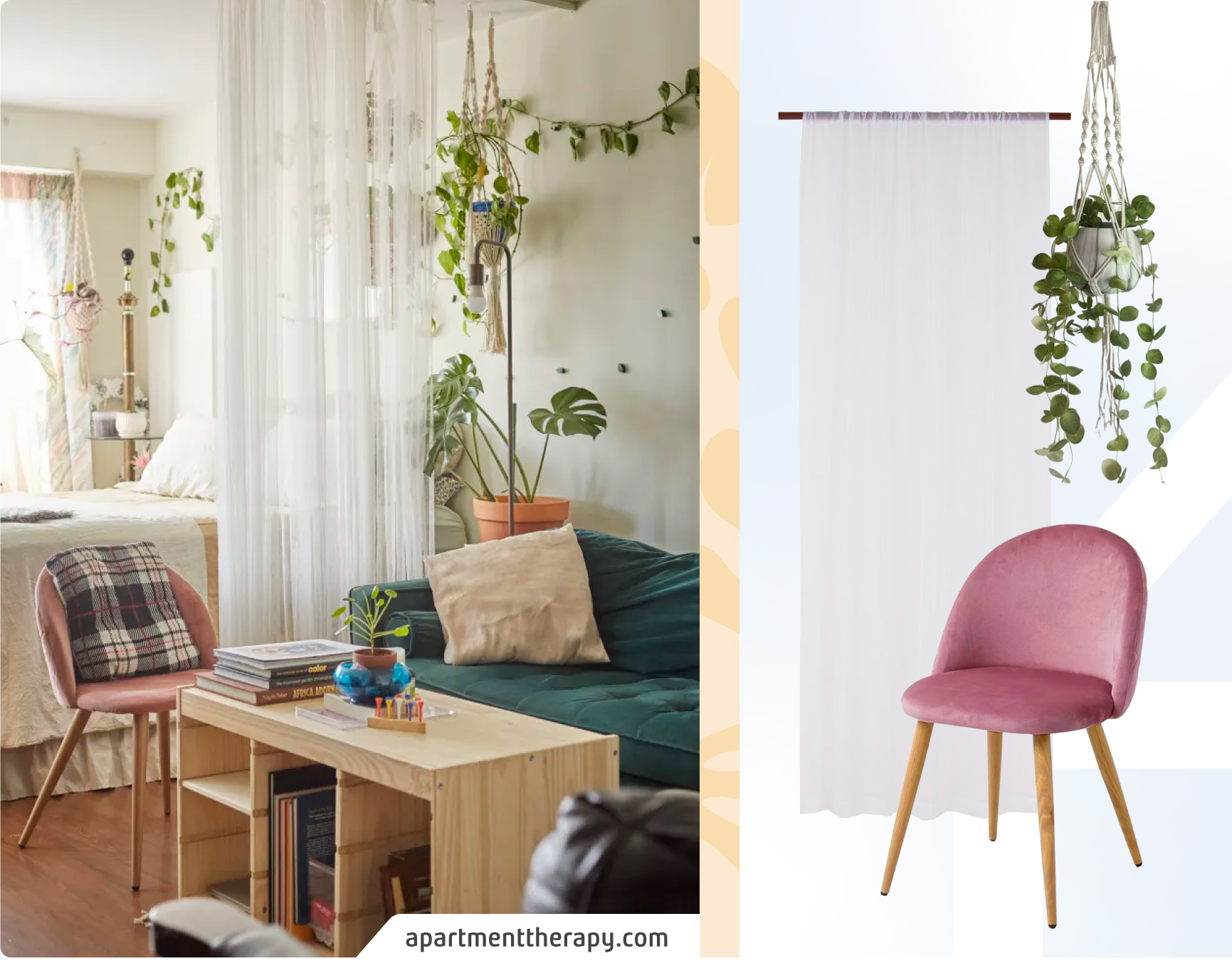 Moodboard Sodimac con fotos de un departamento studio de estilo boho con muebles de madera y muchas plantas. El moodboard tiene una silla rosada, cortinas blancas y una planta colgante