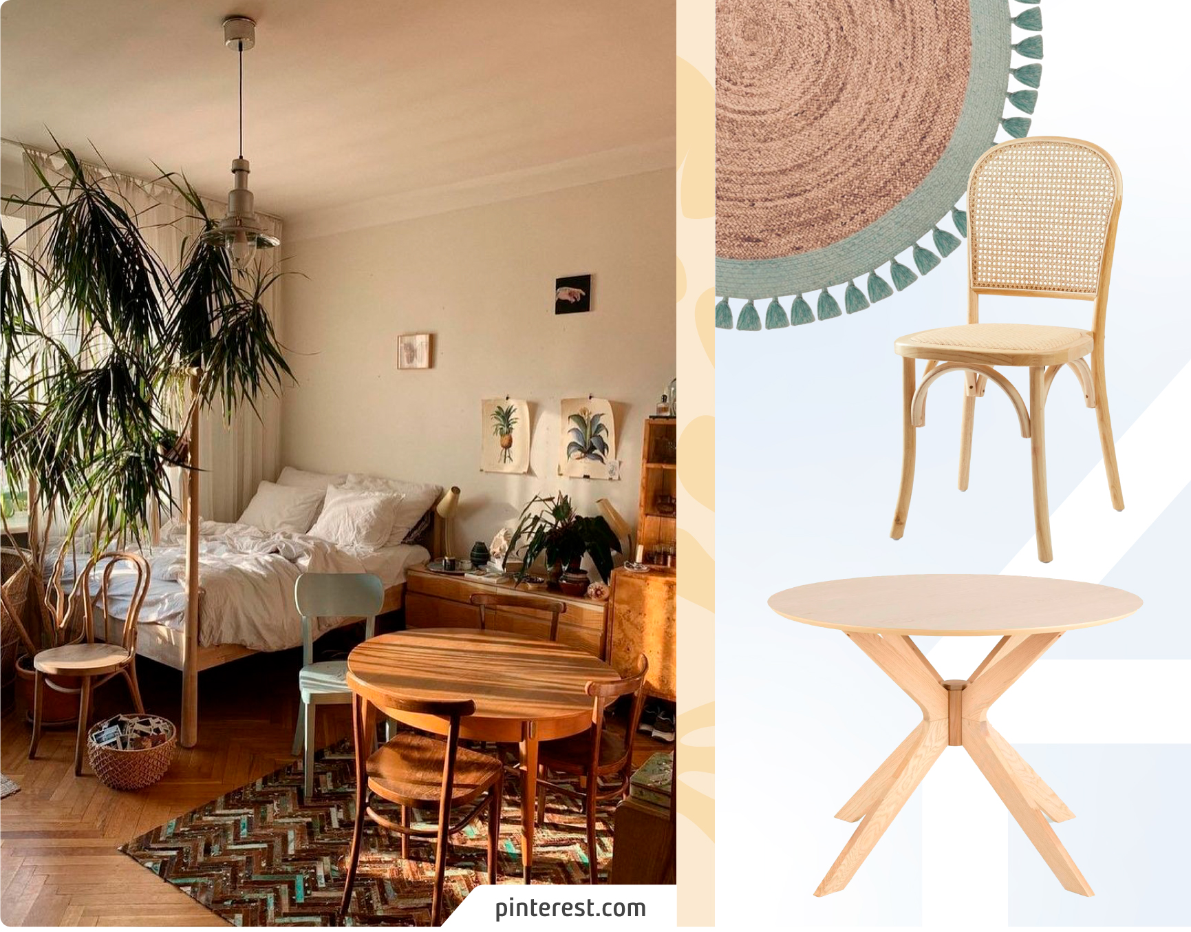 Moodboard Sodimac con fotos de un departamento studio estilo boho, con una cama y una mesa de comedor redonda, de madera. El moodboard tiene una mesa redonda de madera clara, una silla de madera y junco, y una alfombra redonda de yute