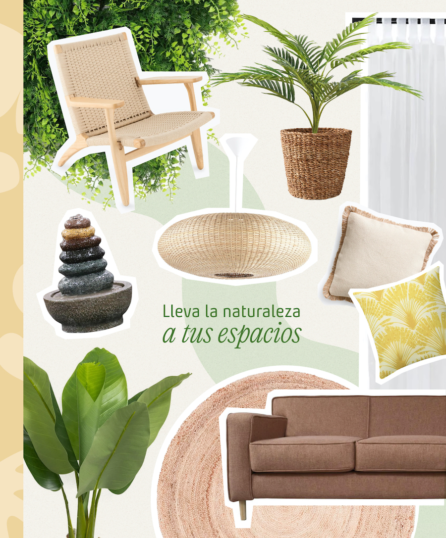 Moodboard Sodimac para un diseño biofílico. Incluye muebles, plantas, fuente de agua, cojines y lámparas