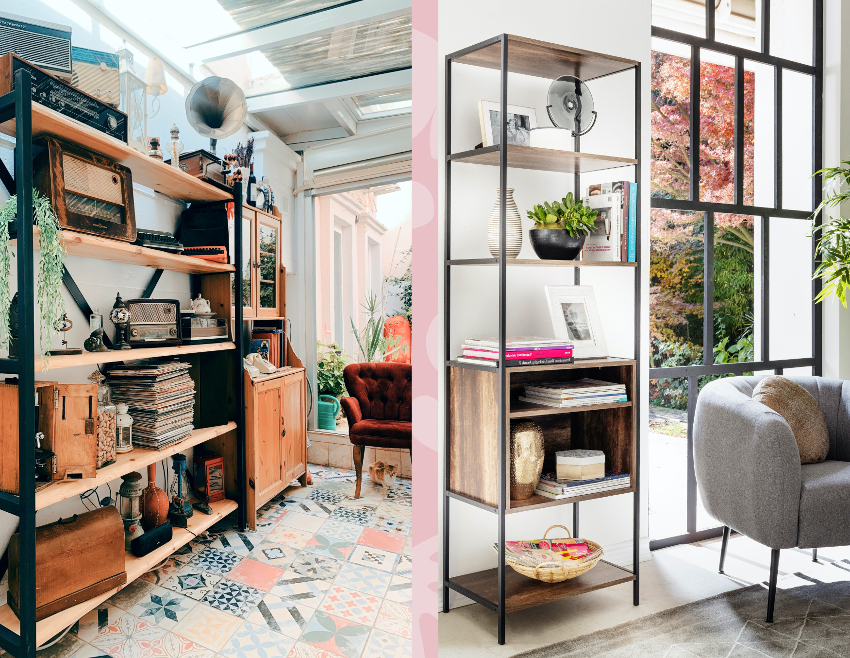 Imagen con dos fotos comparadas, en el lado izquierdo hay una sala de estar con un estante lleno de objetos antiguos. Al lado derecho, un estante ordenado y bien decorado con los elementos justos.
