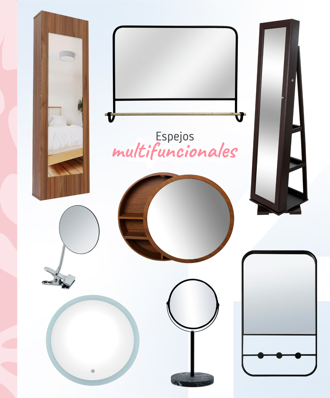 Moodboard de espejos multiusos disponibles en Sodimac.