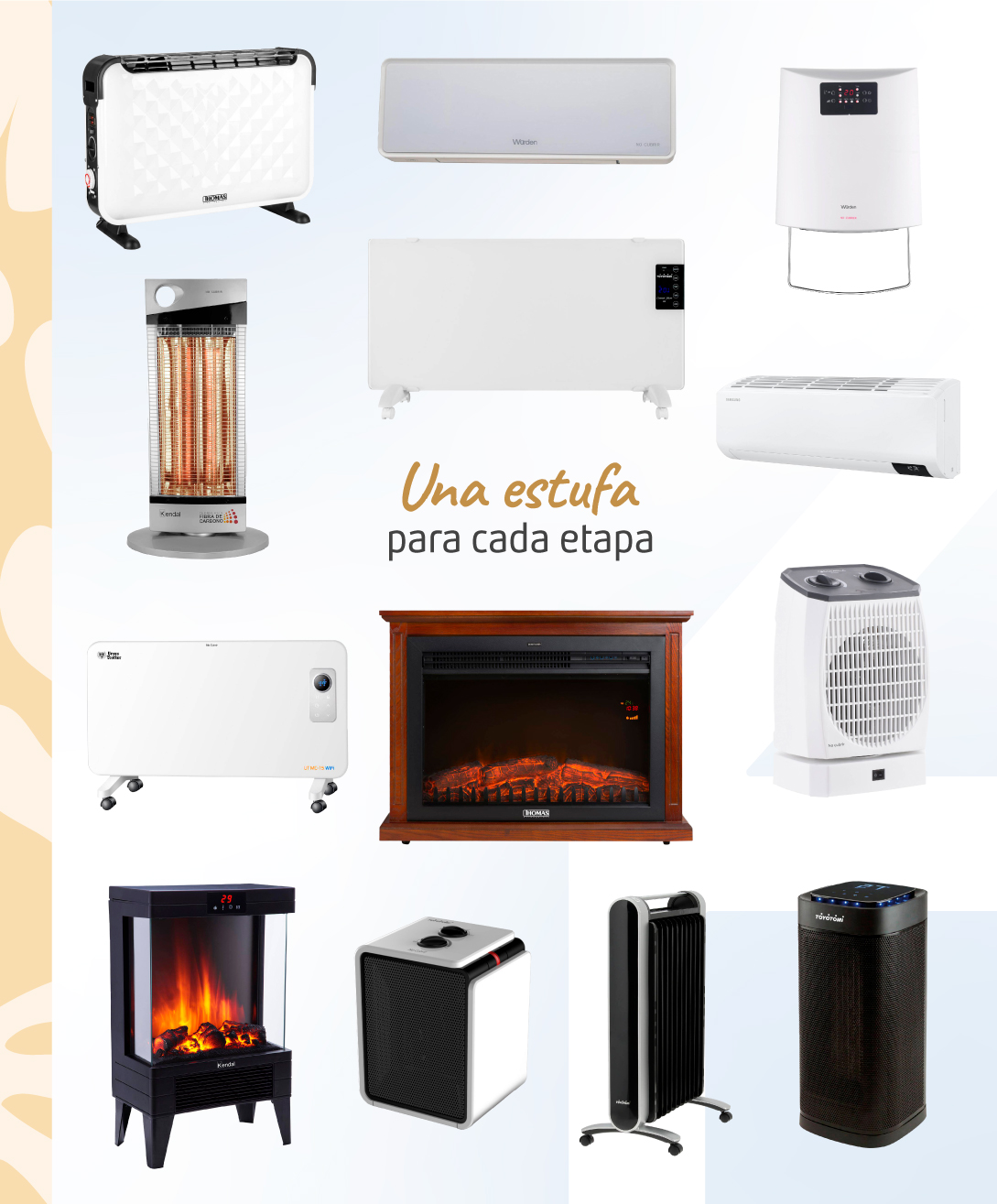Moodboard de Sodimac con diferentes productos de calefacción, como estufas, termoventiladores, calefactores y paneles. 