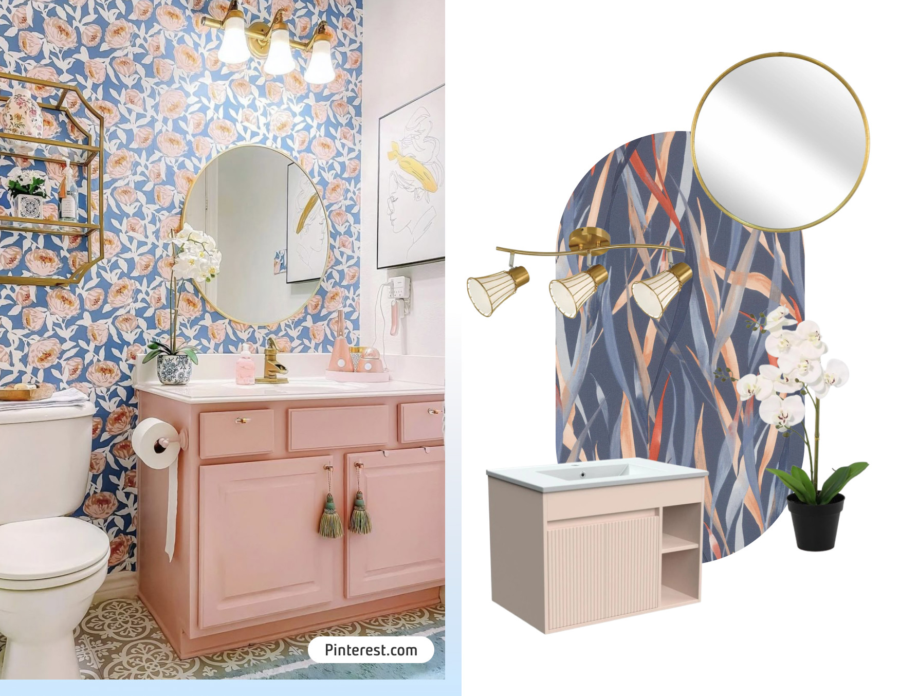Moodboard de inspiración con una foto de un baño en tonos pastel con un papel mural de flores azules y rosadas, mueble de baño rosado, espejo redondo y apliqués de pared dorados. Al costado están los productos disponibles en Sodimac para lograr ese look.